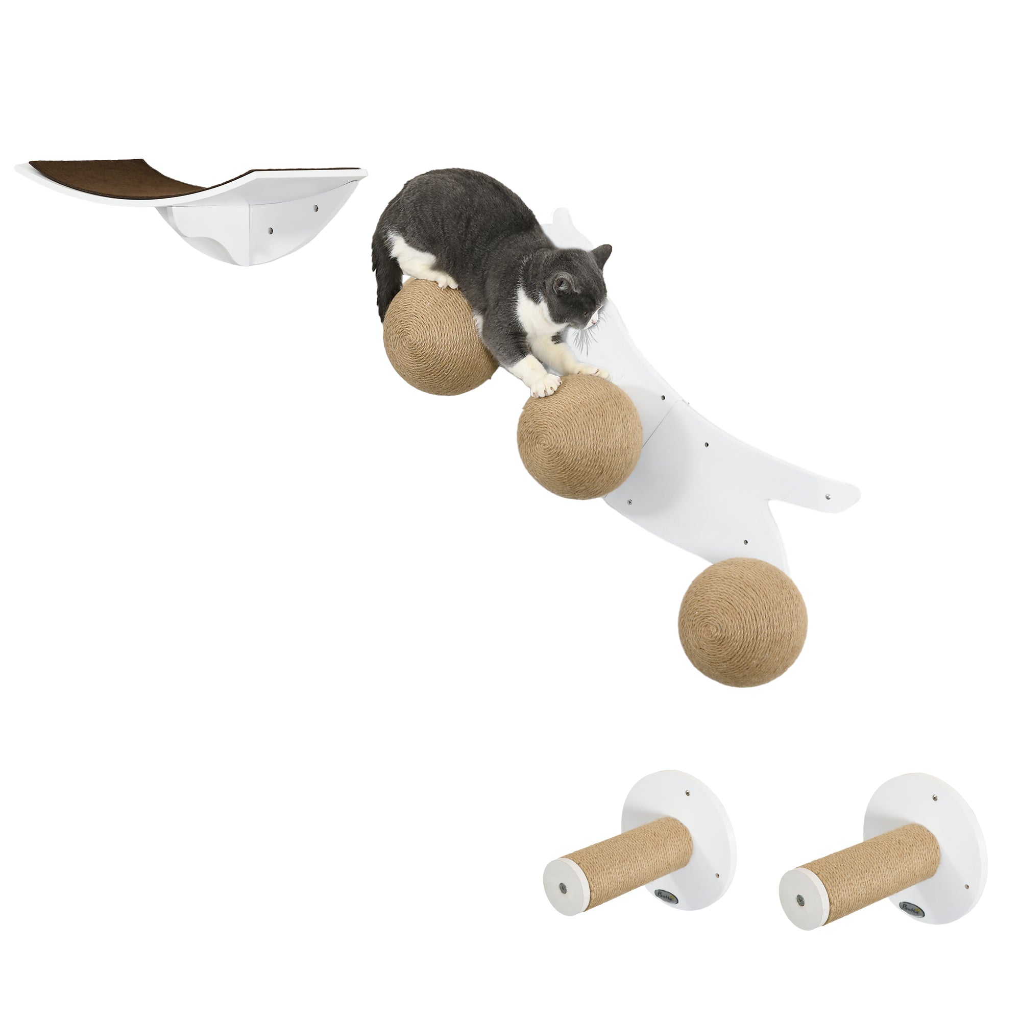 PawHut Cat Wall Furniture 4PCs Wall Mounted Cat Tree Shelves, Scratching Posts, Cat-Shaped Platform with Three Scratching Balls - White