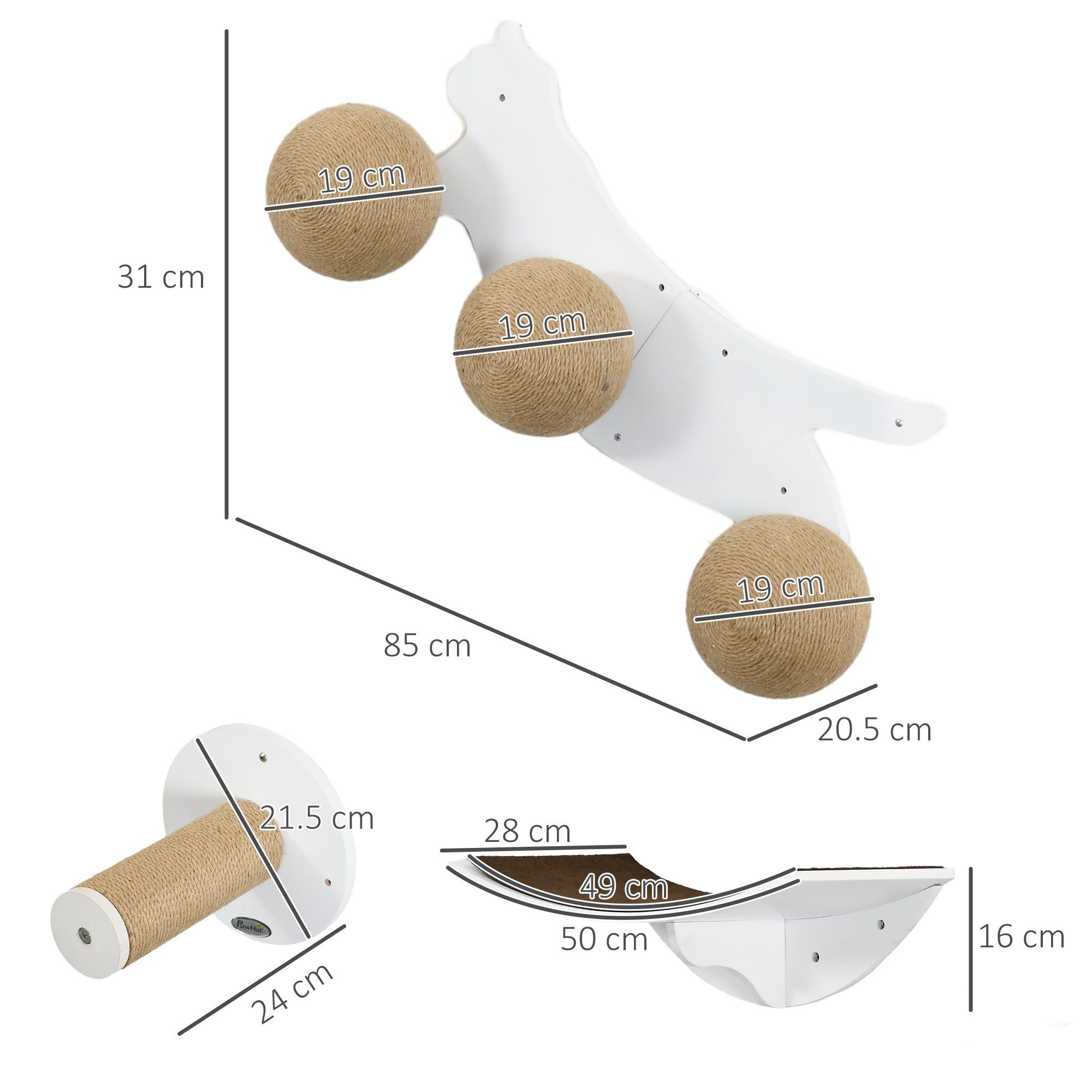 PawHut Cat Wall Furniture 4PCs Wall Mounted Cat Tree Shelves, Scratching Posts, Cat-Shaped Platform with Three Scratching Balls - White
