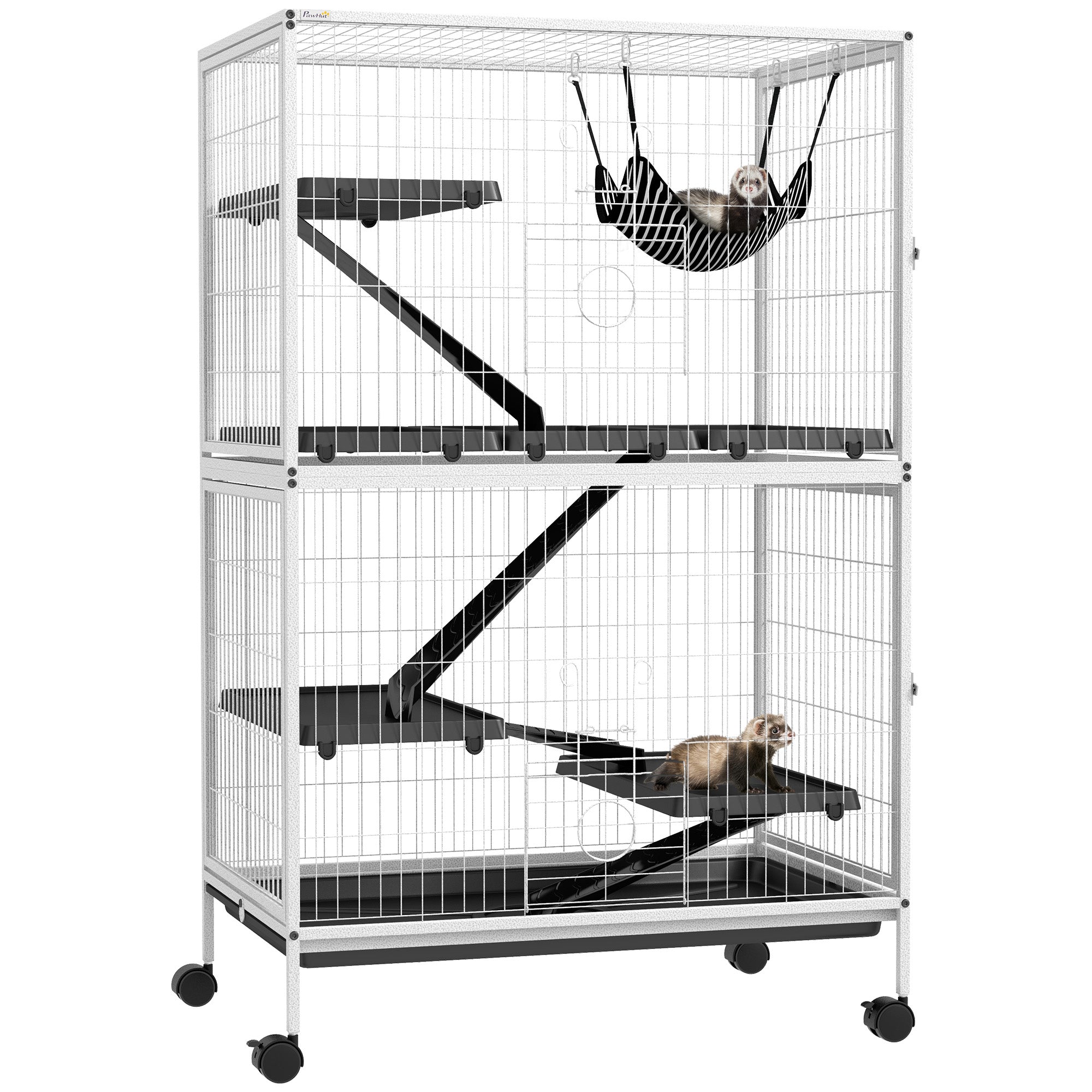 PawHut 5-Tier Rolling Small Animal Cage, Deluxe Guinea Pig Cage, Ferret Cage for Mink Chinchilla Kitten Rabbit, Small Pet Play House with Hammock Platform, Ramp, Tray, Light Grey