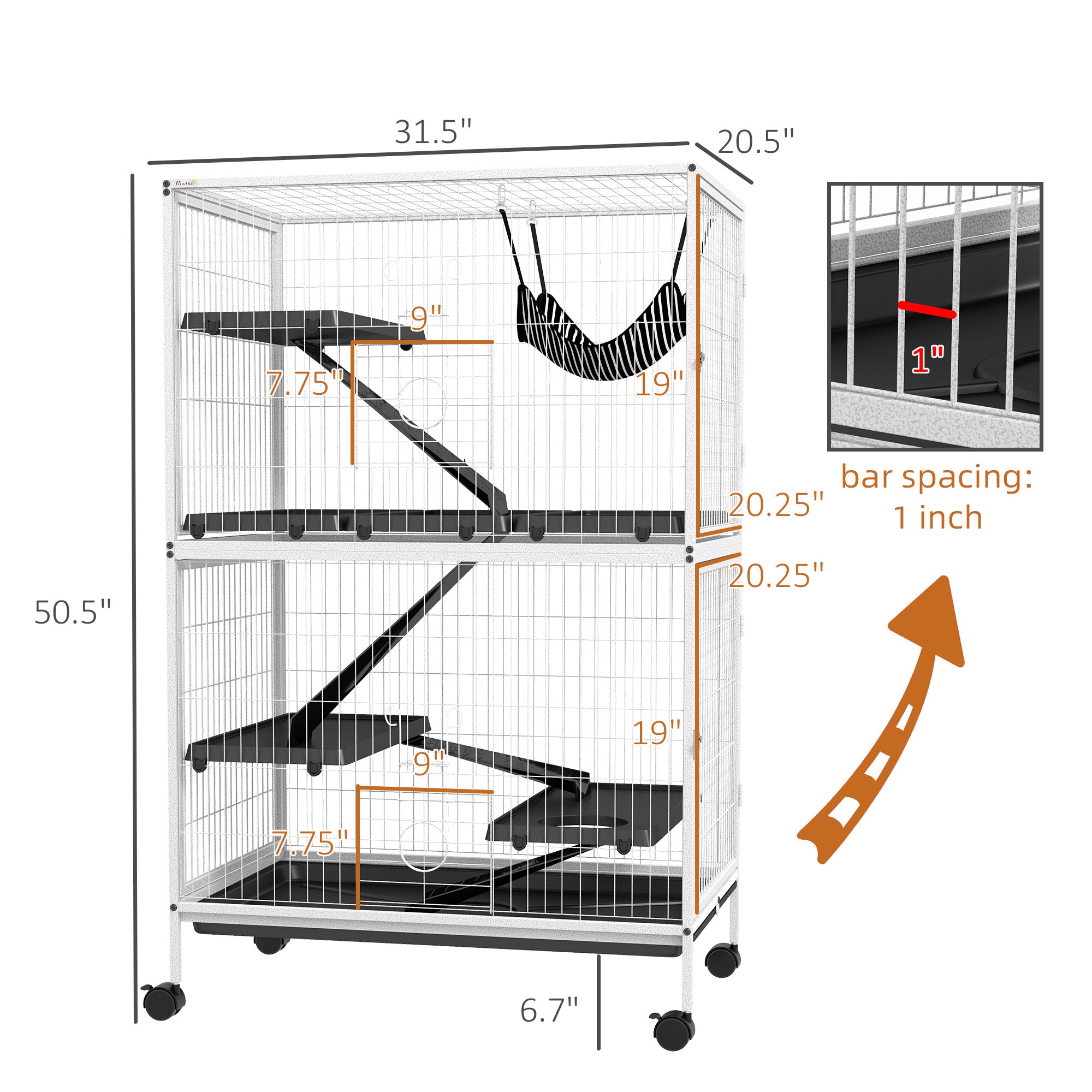 PawHut 50" 5-Tier Small Animal Cage, Ferret Cage, Large Chinchilla Cage with Hammock Accessory & Heavy-Duty Steel Wire, Small Animal Habitat with 4 Doors, Removable Tray, White