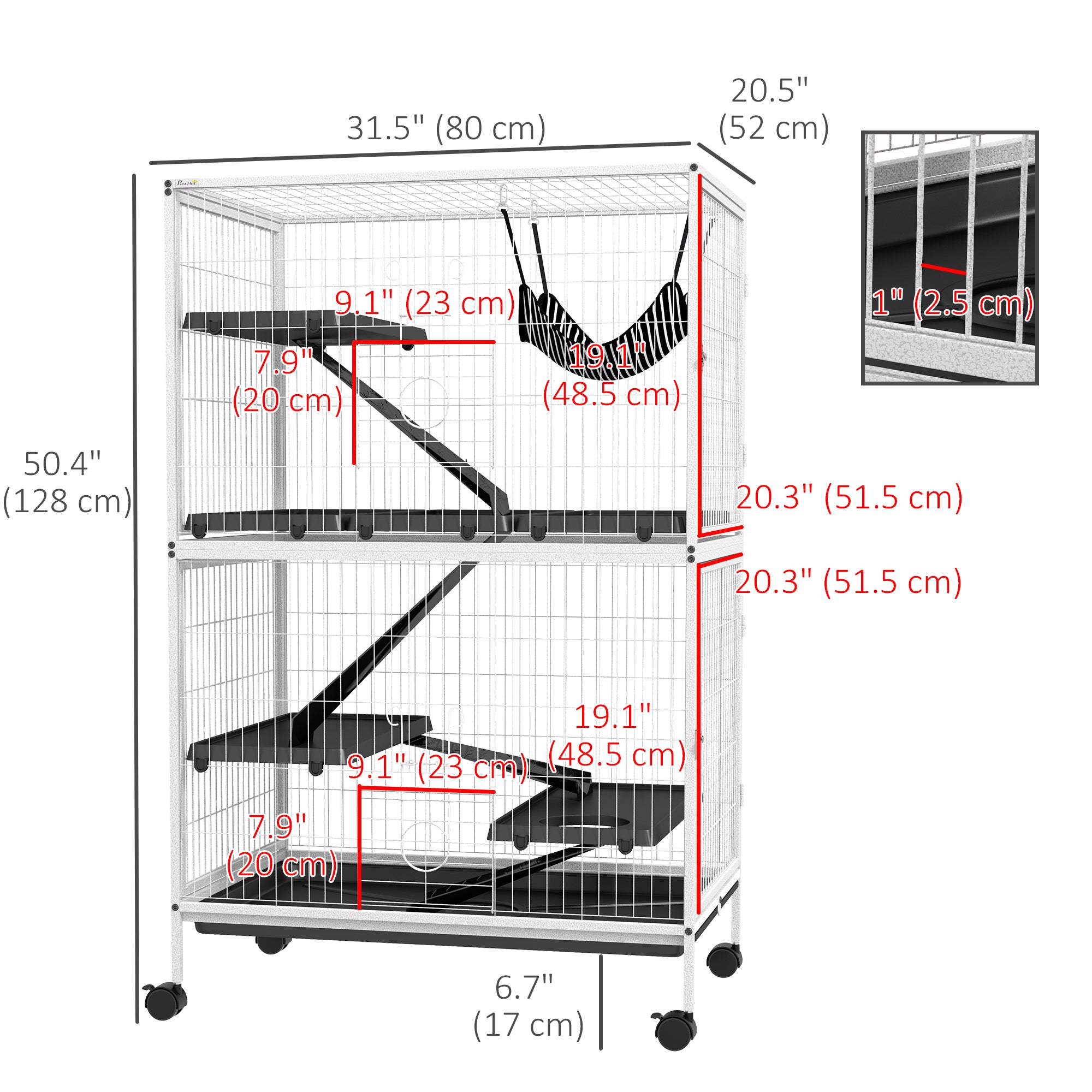 PawHut 5-Tier Rolling Small Animal Cage, Deluxe Guinea Pig Cage, Ferret Cage for Mink Chinchilla Kitten Rabbit, Small Pet Play House with Hammock Platform, Ramp, Tray, Light Grey