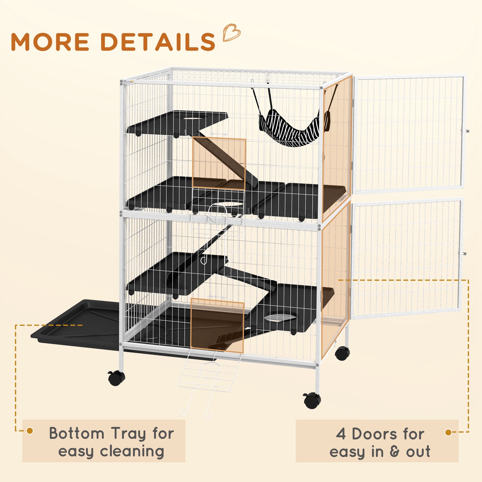 PawHut 50" 5-Tier Small Animal Cage, Ferret Cage, Large Chinchilla Cage with Hammock Accessory & Heavy-Duty Steel Wire, Small Animal Habitat with 4 Doors, Removable Tray, White