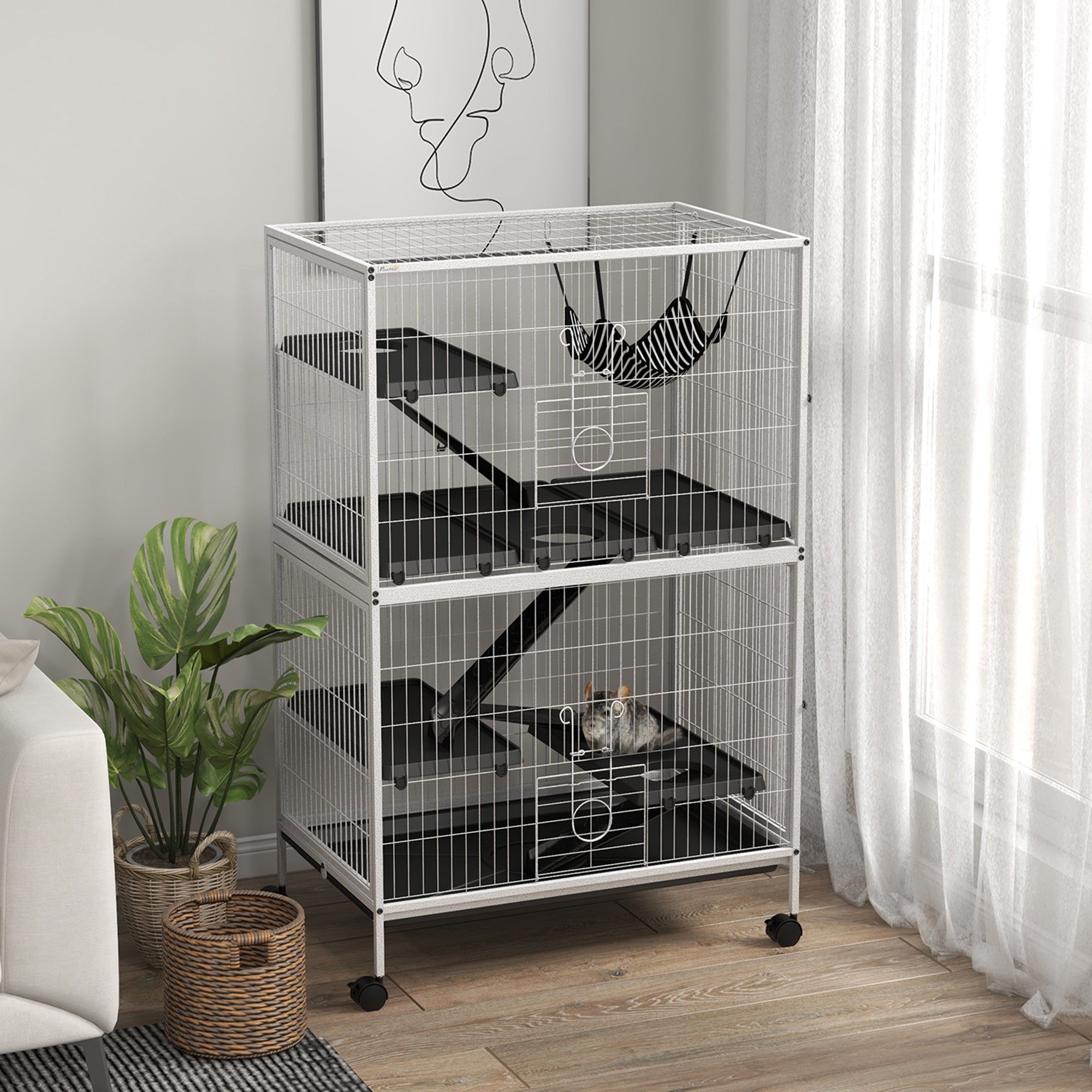 PawHut 5-Tier Rolling Small Animal Cage, Deluxe Guinea Pig Cage, Ferret Cage for Mink Chinchilla Kitten Rabbit, Small Pet Play House with Hammock Platform, Ramp, Tray, Light Grey
