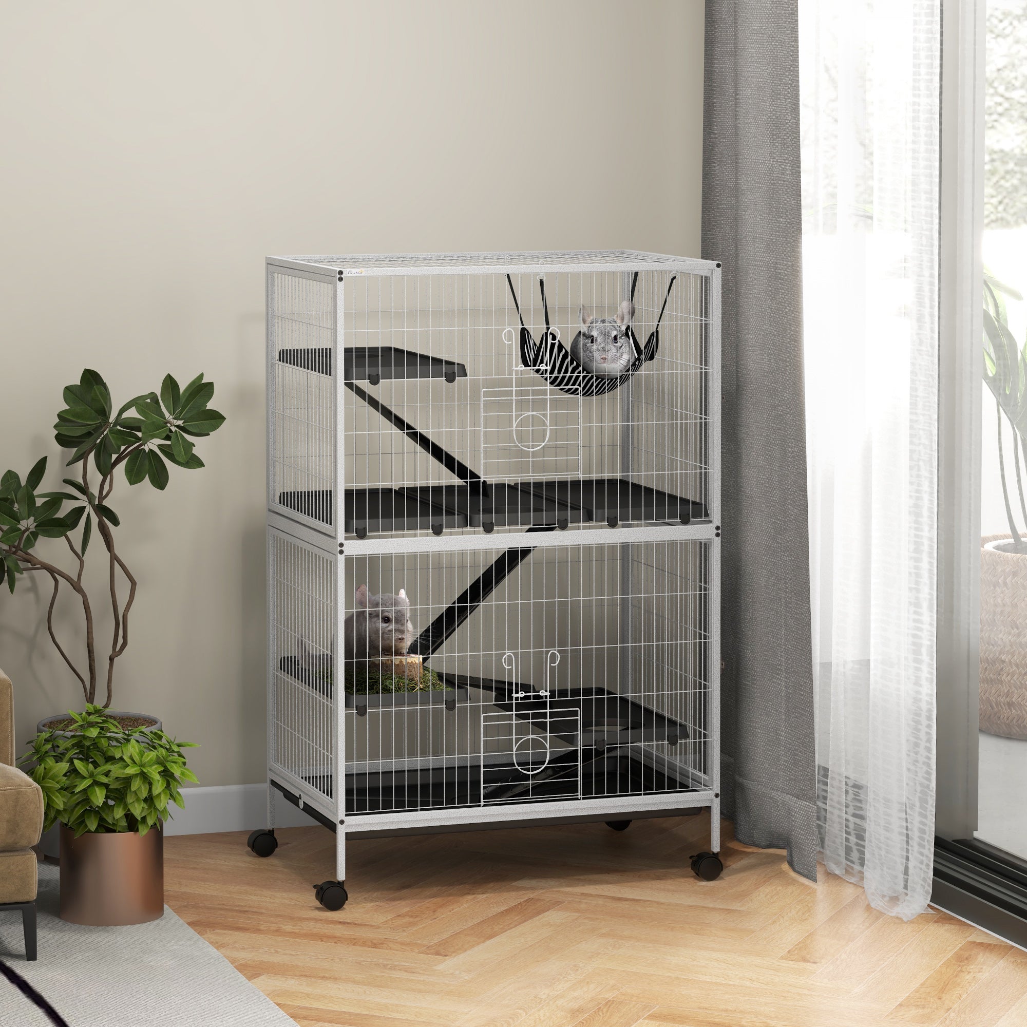 PawHut 5-Tier Rolling Small Animal Cage, Deluxe Guinea Pig Cage, Ferret Cage for Mink Chinchilla Kitten Rabbit, Small Pet Play House with Hammock Platform, Ramp, Tray, Light Grey