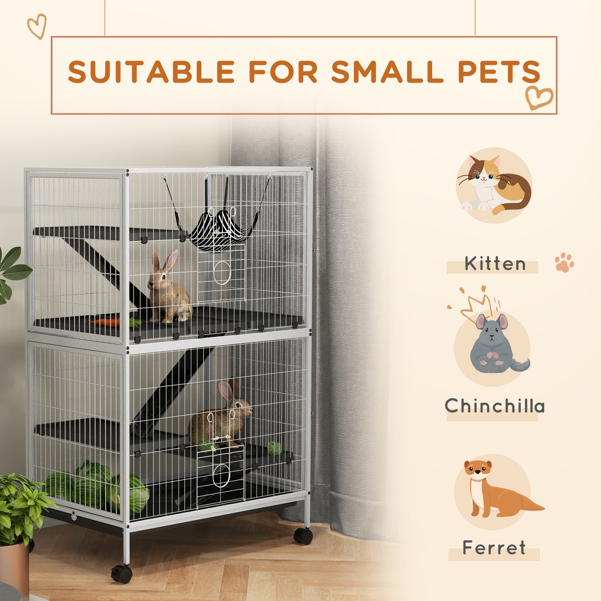 PawHut 5-Tier Rolling Small Animal Cage, Deluxe Guinea Pig Cage, Ferret Cage for Mink Chinchilla Kitten Rabbit, Small Pet Play House with Hammock Platform, Ramp, Tray, Light Grey