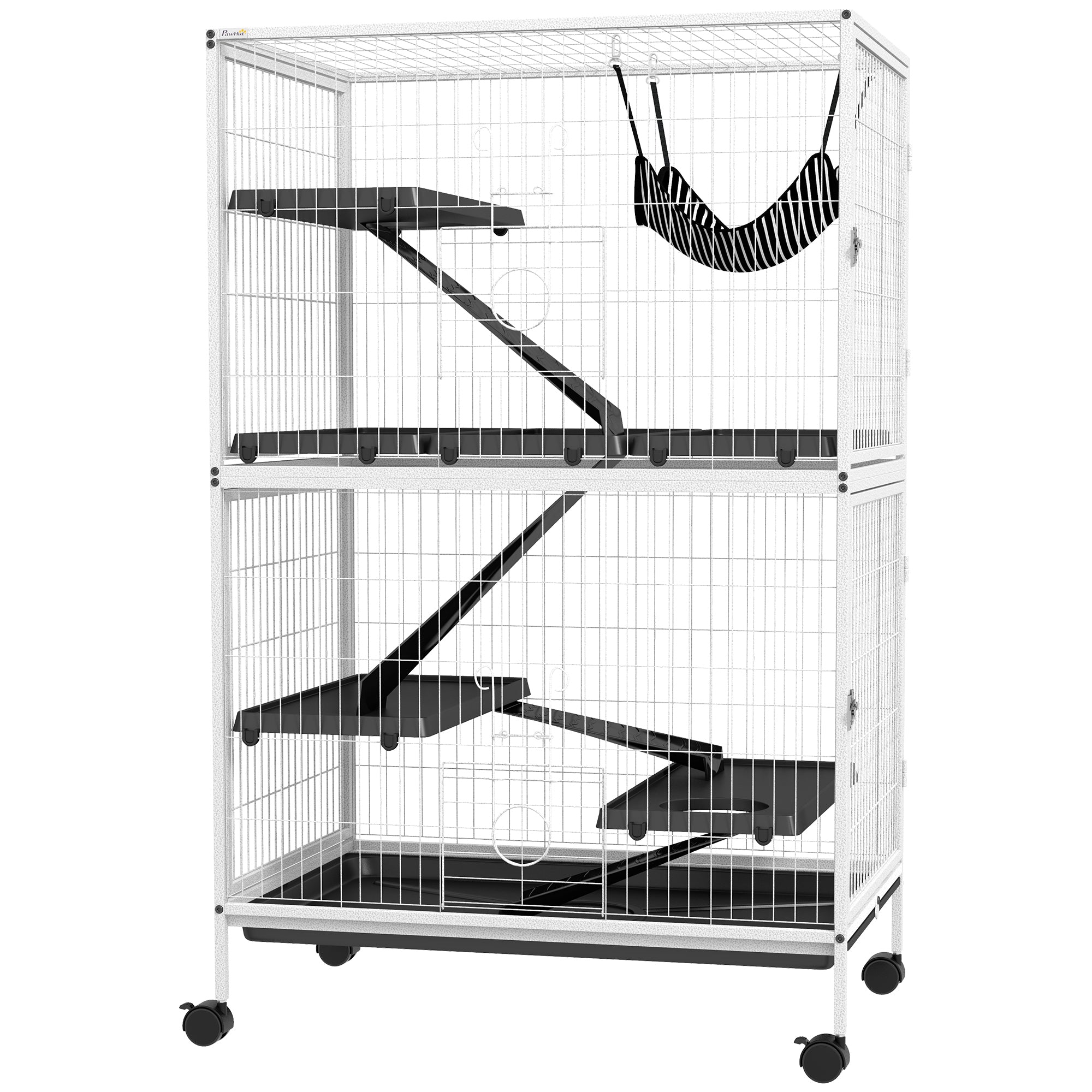 PawHut 50" 5-Tier Small Animal Cage, Ferret Cage, Large Chinchilla Cage with Hammock Accessory & Heavy-Duty Steel Wire, Small Animal Habitat with 4 Doors, Removable Tray, White