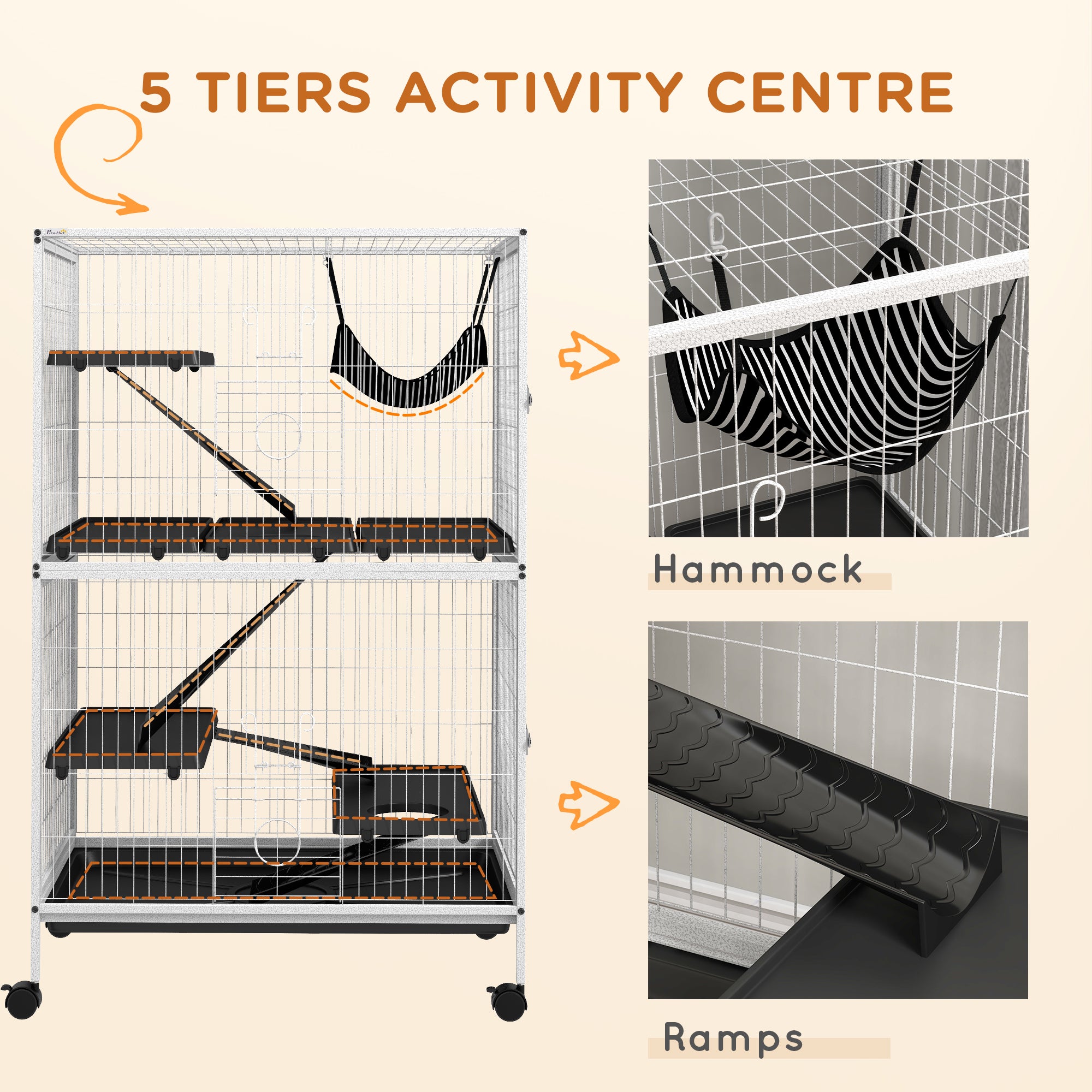 PawHut 5-Tier Rolling Small Animal Cage, Deluxe Guinea Pig Cage, Ferret Cage for Mink Chinchilla Kitten Rabbit, Small Pet Play House with Hammock Platform, Ramp, Tray, Light Grey