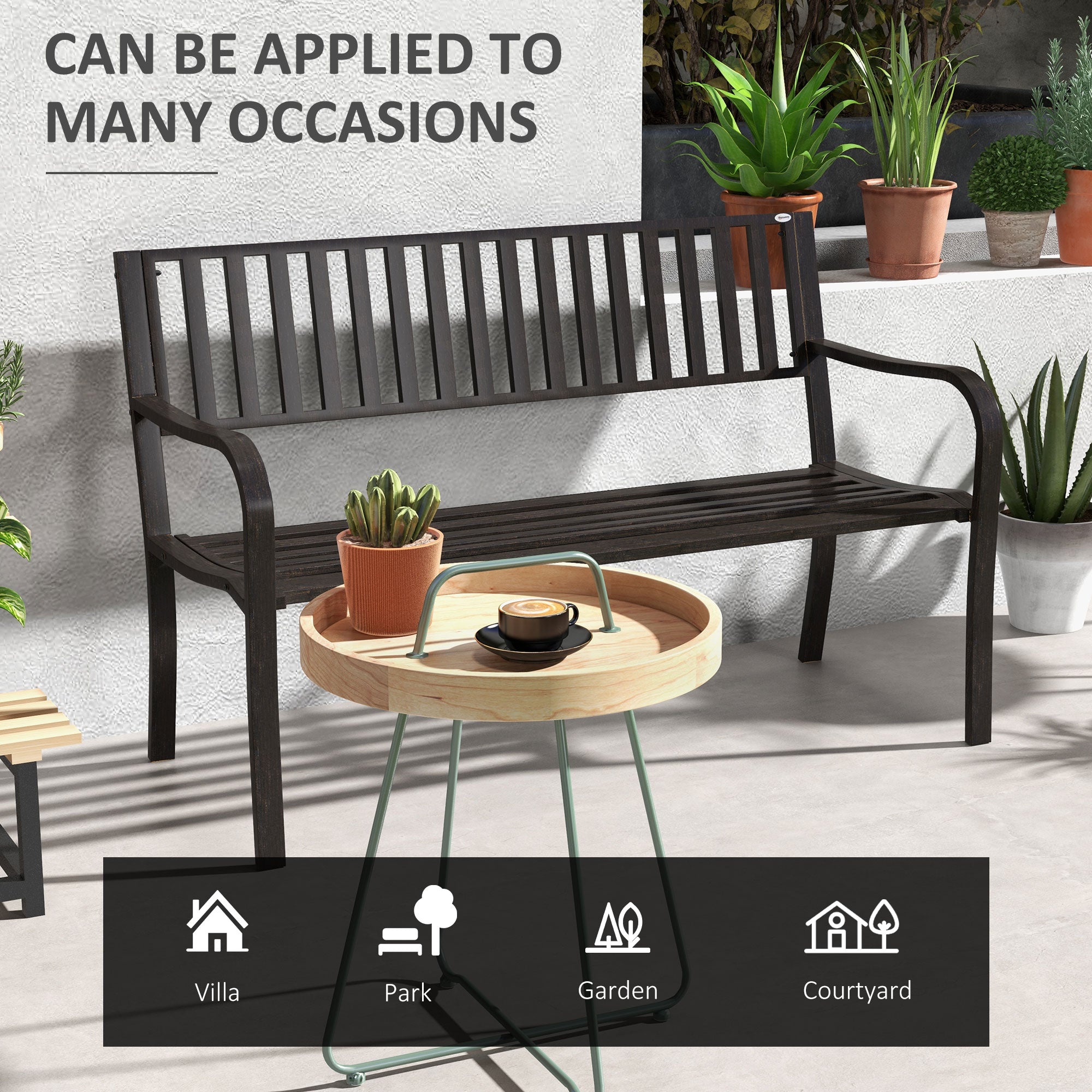 Outsunny 50" Steel Garden Bench Patio Metal Backyard Park Chair Outdoor Seat Furniture, Brown