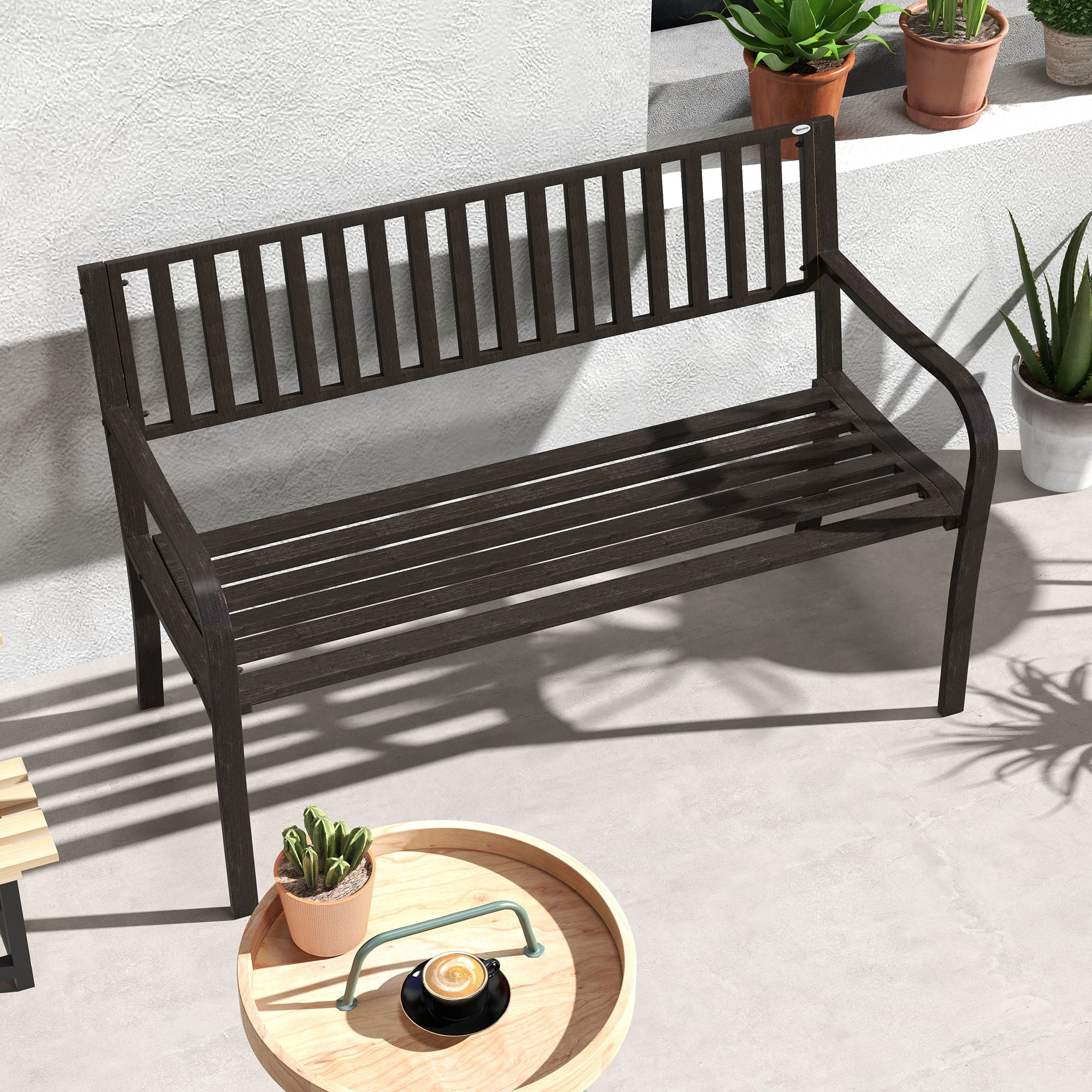 Outsunny 50" Steel Garden Bench Patio Metal Backyard Park Chair Outdoor Seat Furniture, Brown