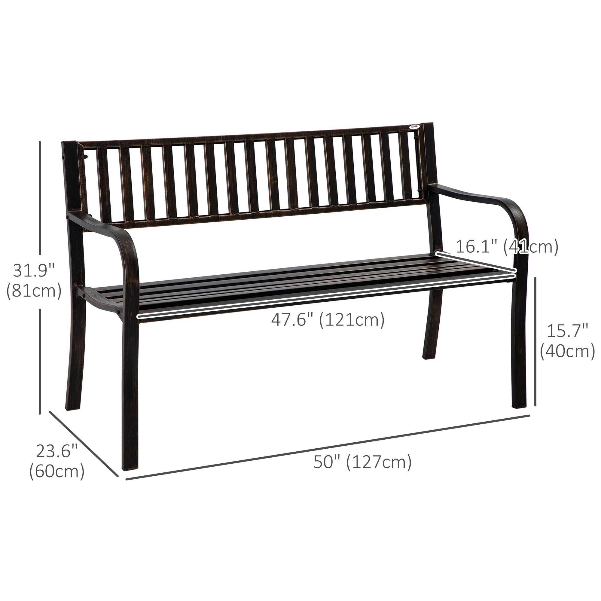 Outsunny 50" Steel Garden Bench Patio Metal Backyard Park Chair Outdoor Seat Furniture, Brown
