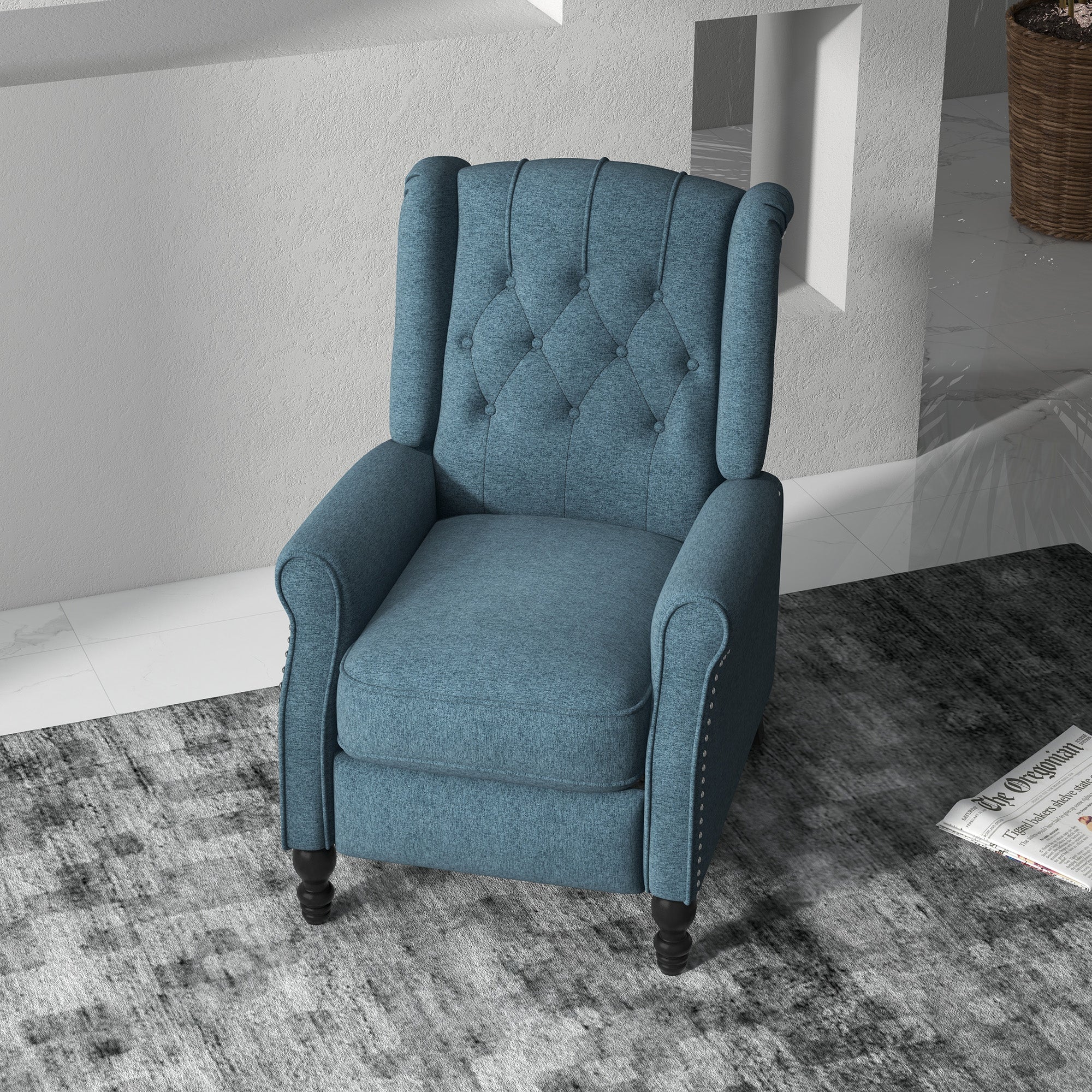 HOMCOM Push Back Recliner Chair, Fabric Reclining Chair, Tufted Wingback Chair with Nail Head Trim, Footrest, Solid Wood Legs for Living Room, Blue
