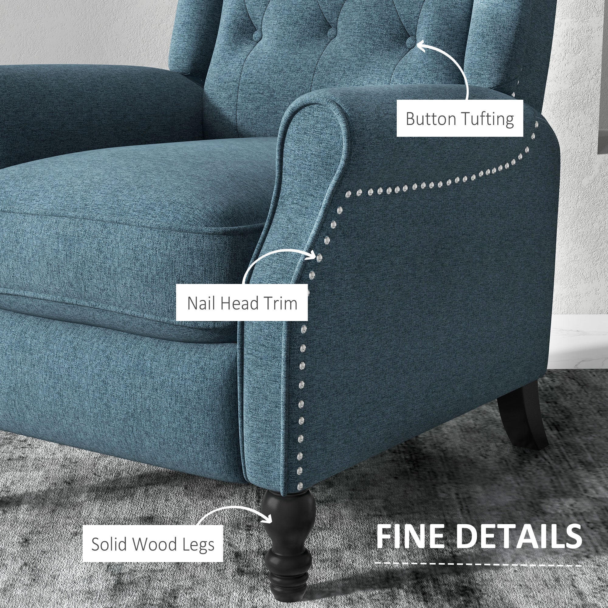 HOMCOM Push Back Recliner Chair, Fabric Reclining Chair, Tufted Wingback Chair with Nail Head Trim, Footrest, Solid Wood Legs for Living Room, Blue