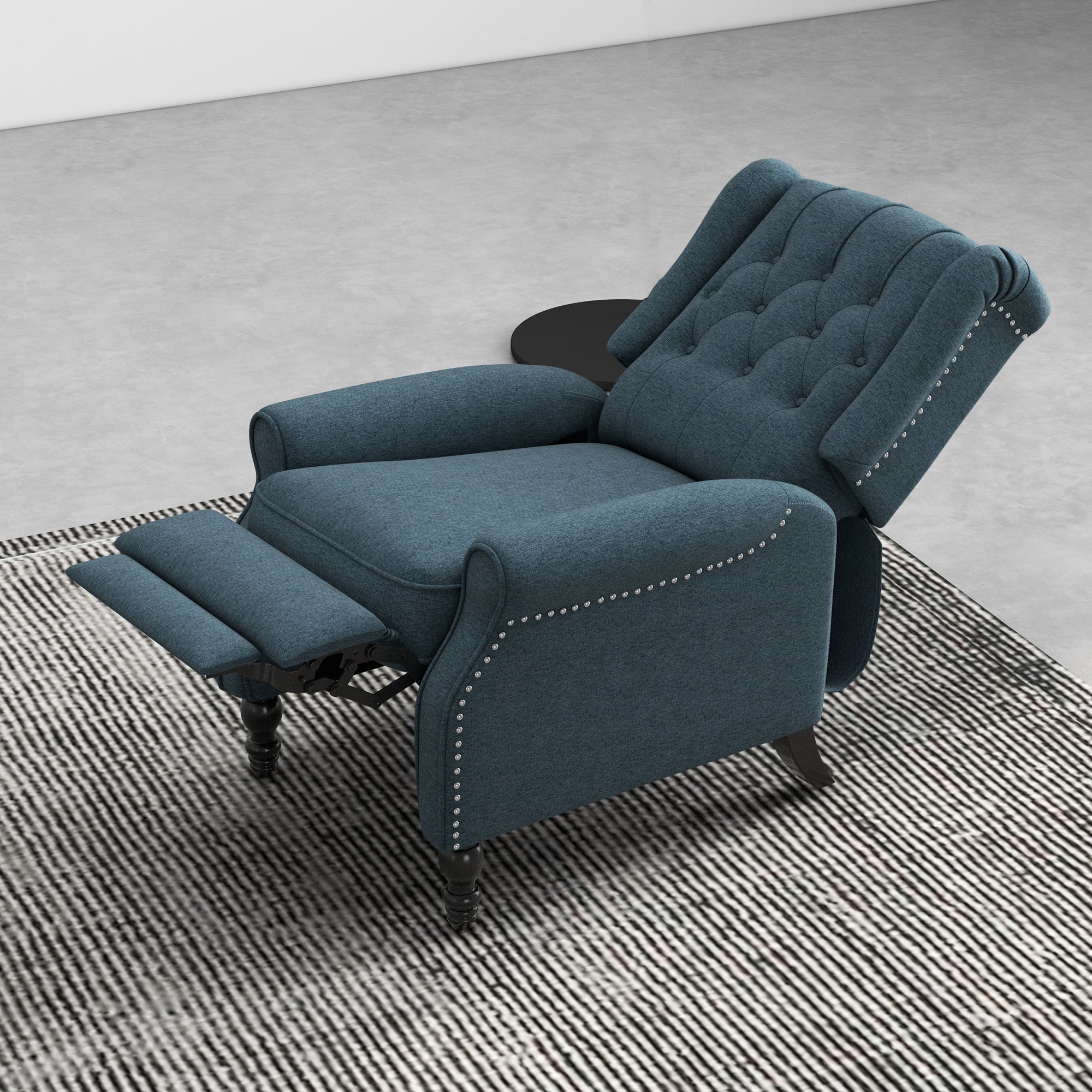 HOMCOM Push Back Recliner Chair, Fabric Reclining Chair, Tufted Wingback Chair with Nail Head Trim, Footrest, Solid Wood Legs for Living Room, Blue