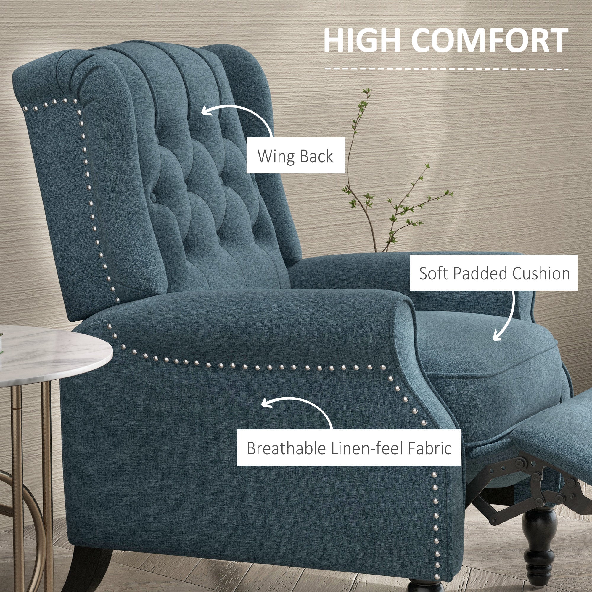 HOMCOM Push Back Recliner Chair, Fabric Reclining Chair, Tufted Wingback Chair with Nail Head Trim, Footrest, Solid Wood Legs for Living Room, Blue