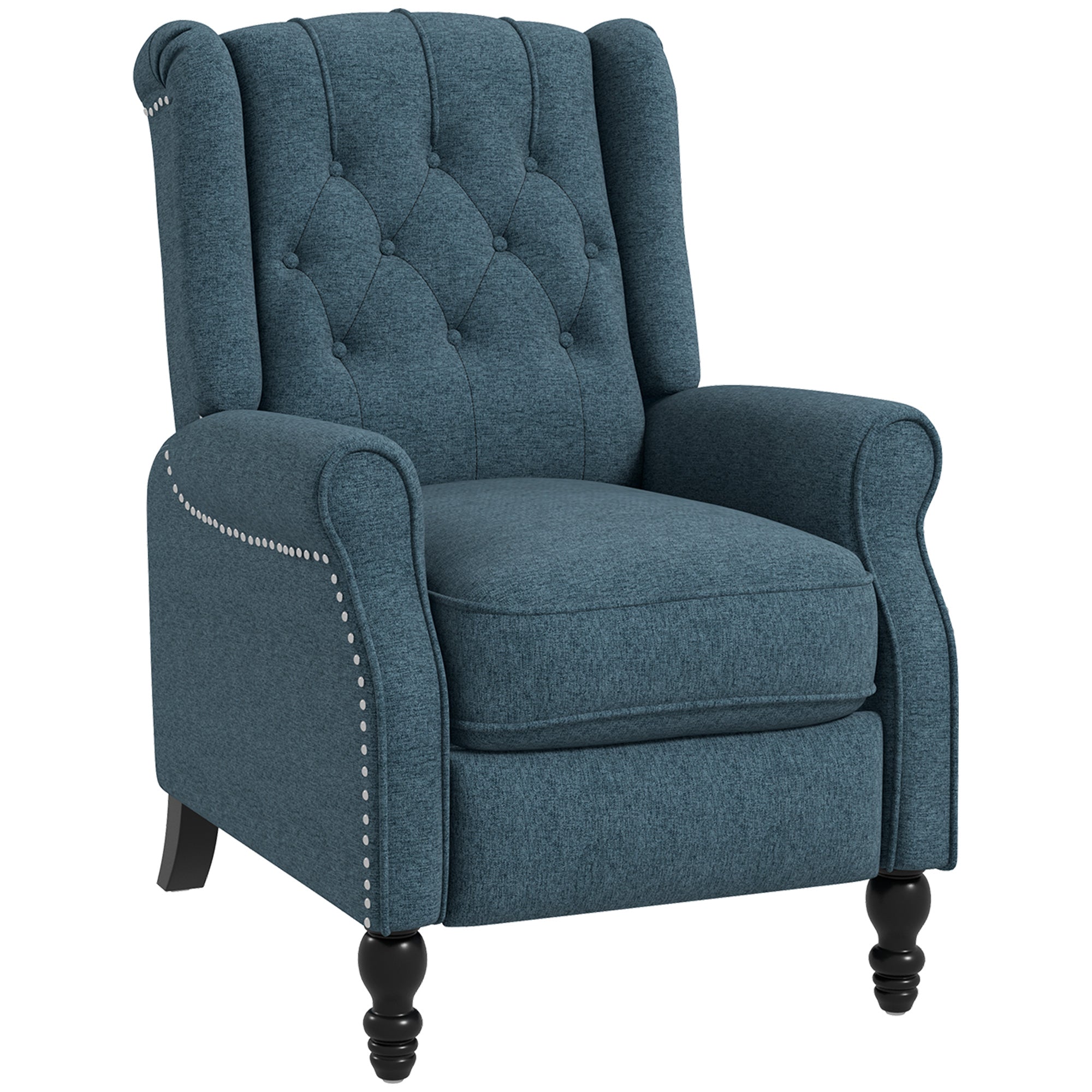HOMCOM Push Back Recliner Chair, Fabric Reclining Chair, Tufted Wingback Chair with Nail Head Trim, Footrest, Solid Wood Legs for Living Room, Blue