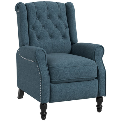 HOMCOM Push Back Recliner Chair, Fabric Reclining Chair, Tufted Wingback Chair with Nail Head Trim, Footrest, Solid Wood Legs for Living Room, Blue