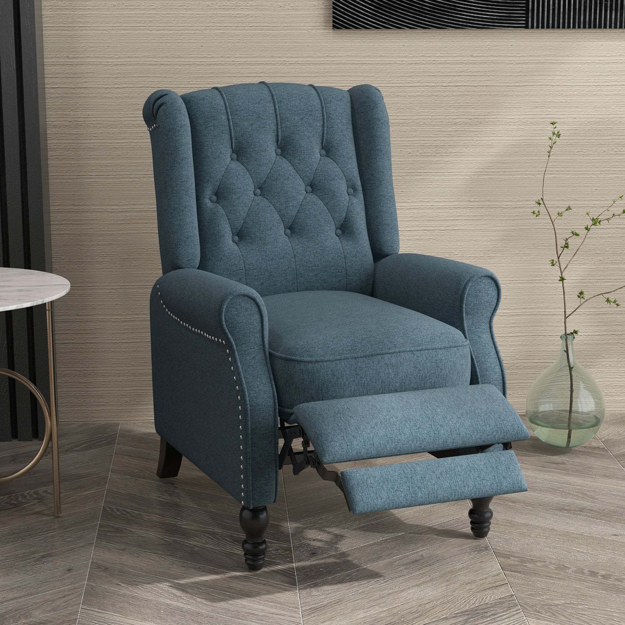 HOMCOM Push Back Recliner Chair, Fabric Reclining Chair, Tufted Wingback Chair with Nail Head Trim, Footrest, Solid Wood Legs for Living Room, Blue