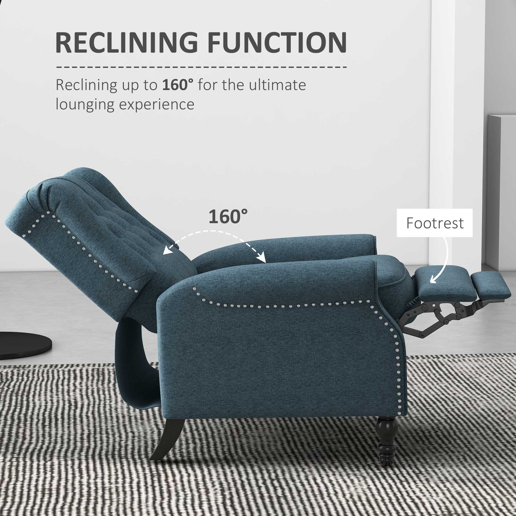 HOMCOM Push Back Recliner Chair, Fabric Reclining Chair, Tufted Wingback Chair with Nail Head Trim, Footrest, Solid Wood Legs for Living Room, Blue