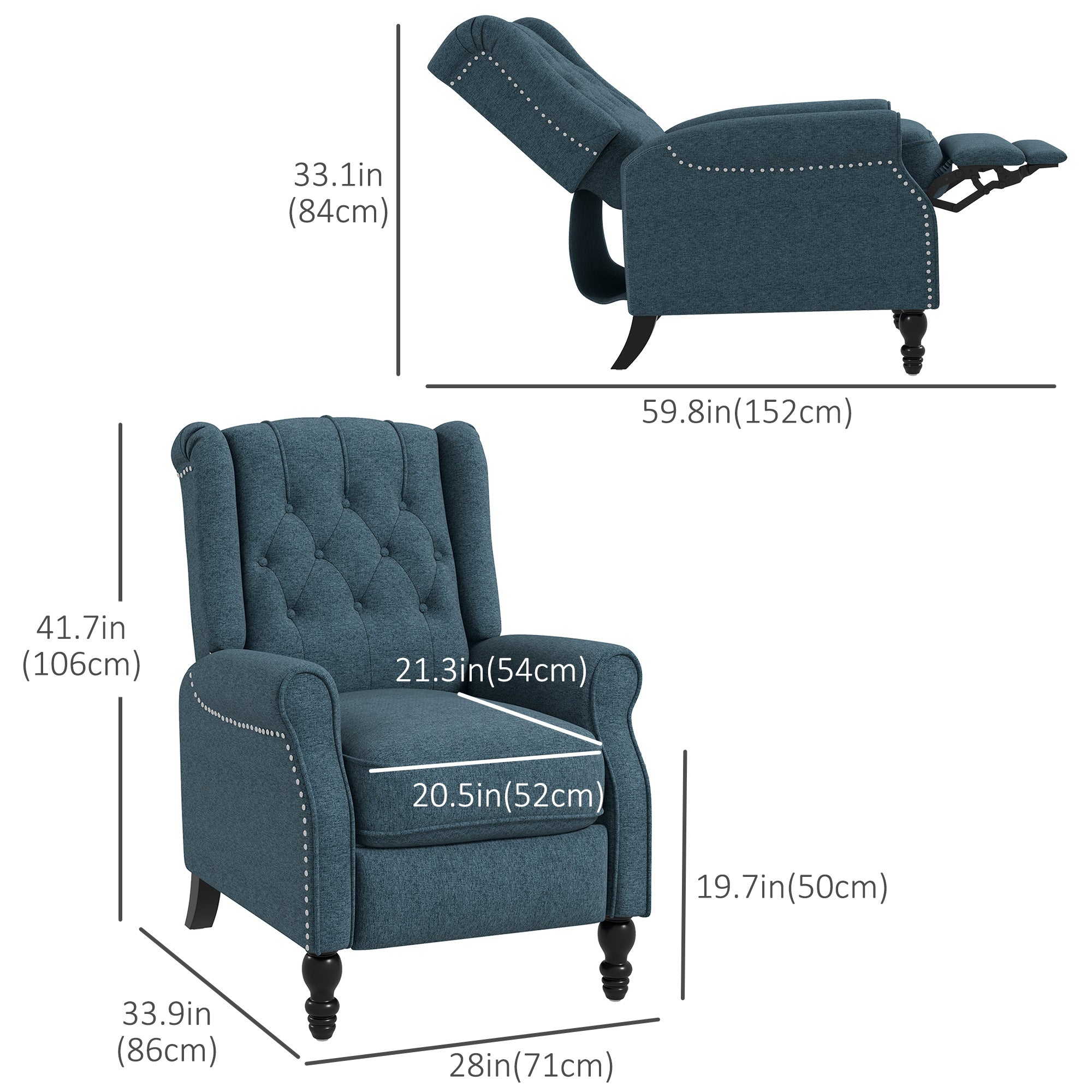 HOMCOM Push Back Recliner Chair, Fabric Reclining Chair, Tufted Wingback Chair with Nail Head Trim, Footrest, Solid Wood Legs for Living Room, Blue