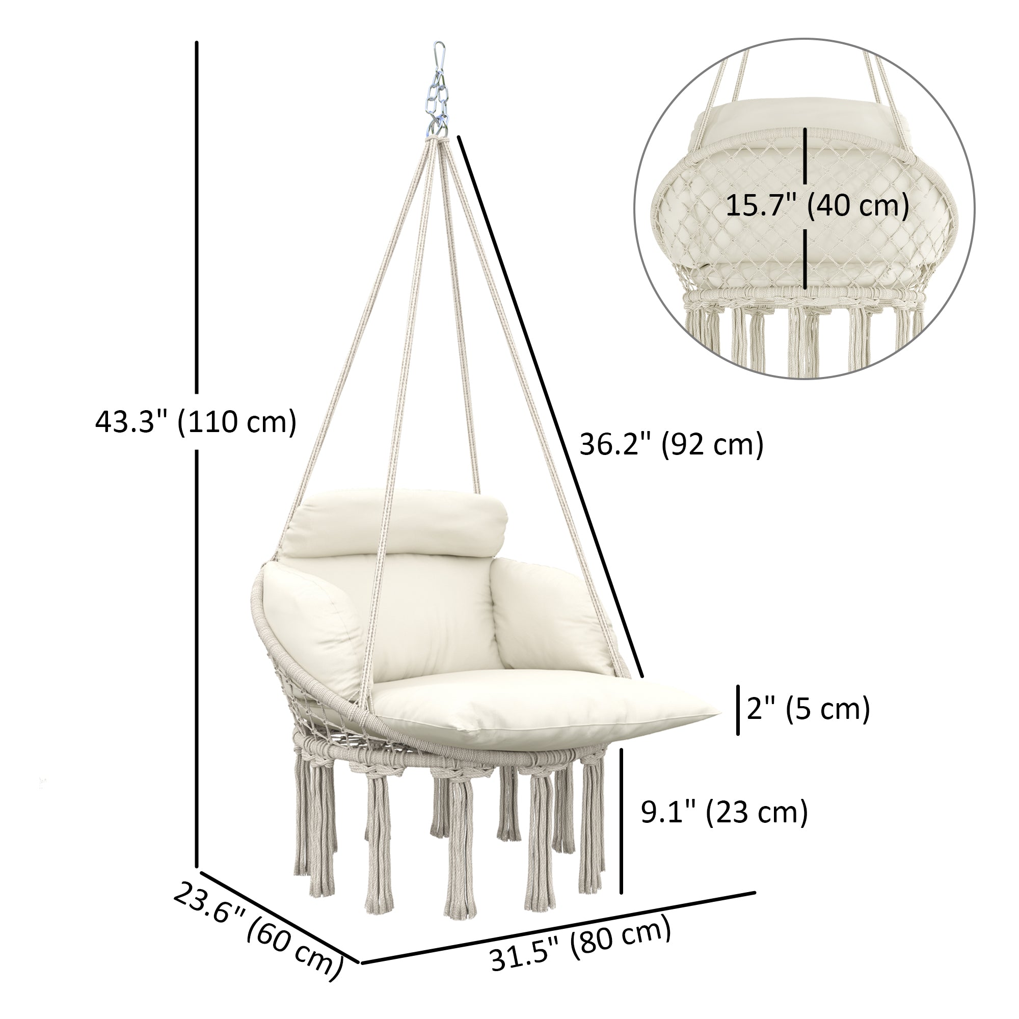 Outsunny Hammock Chair Swing Hanging Chair with Cushion, Cotton Rope Boho Swing Chair with Chain, Steel Frame for Indoor, Outdoor, Bedroom, Patio, Balcony, Cream White