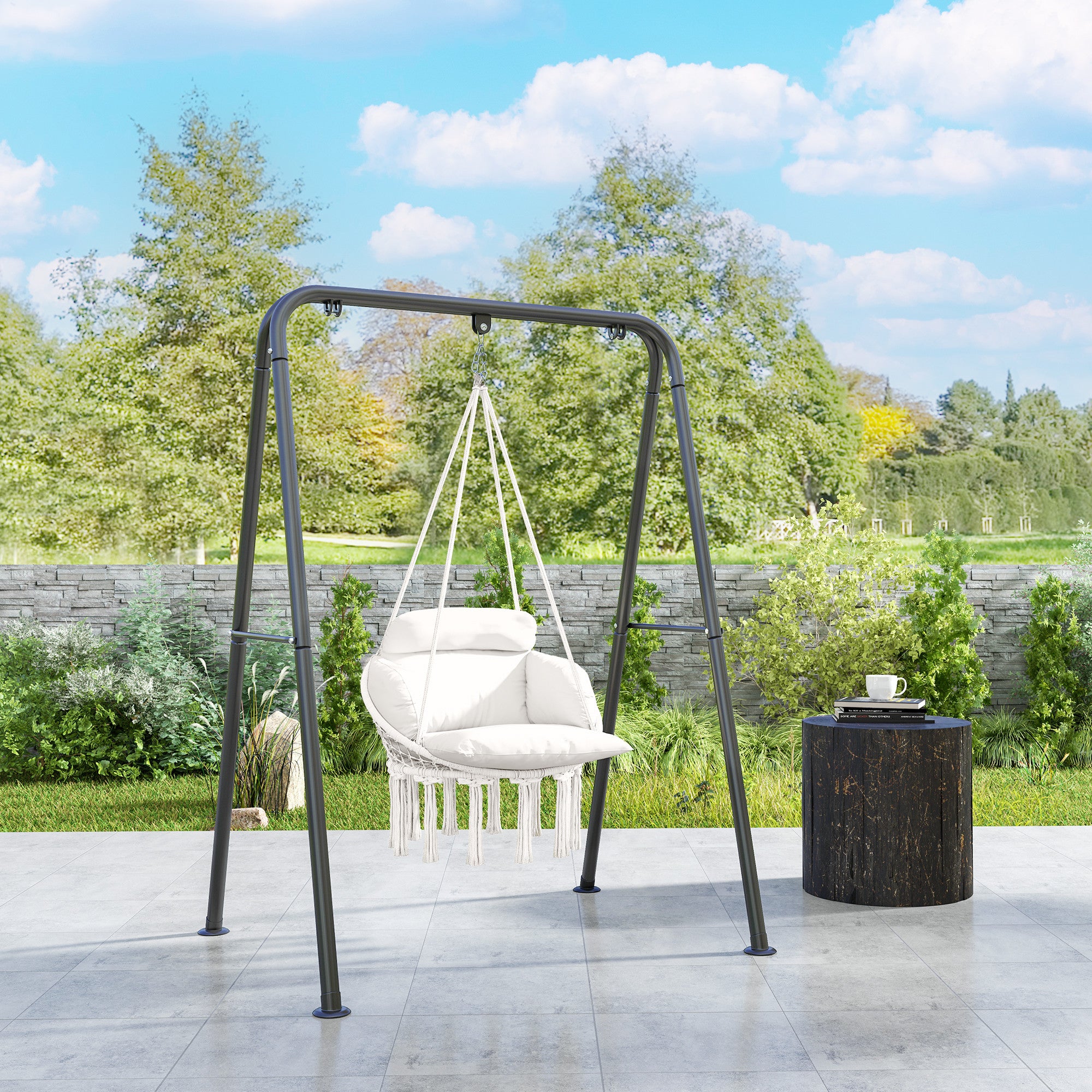 Outsunny Hammock Chair Swing Hanging Chair with Cushion, Cotton Rope Boho Swing Chair with Chain, Steel Frame for Indoor, Outdoor, Bedroom, Patio, Balcony, Cream White