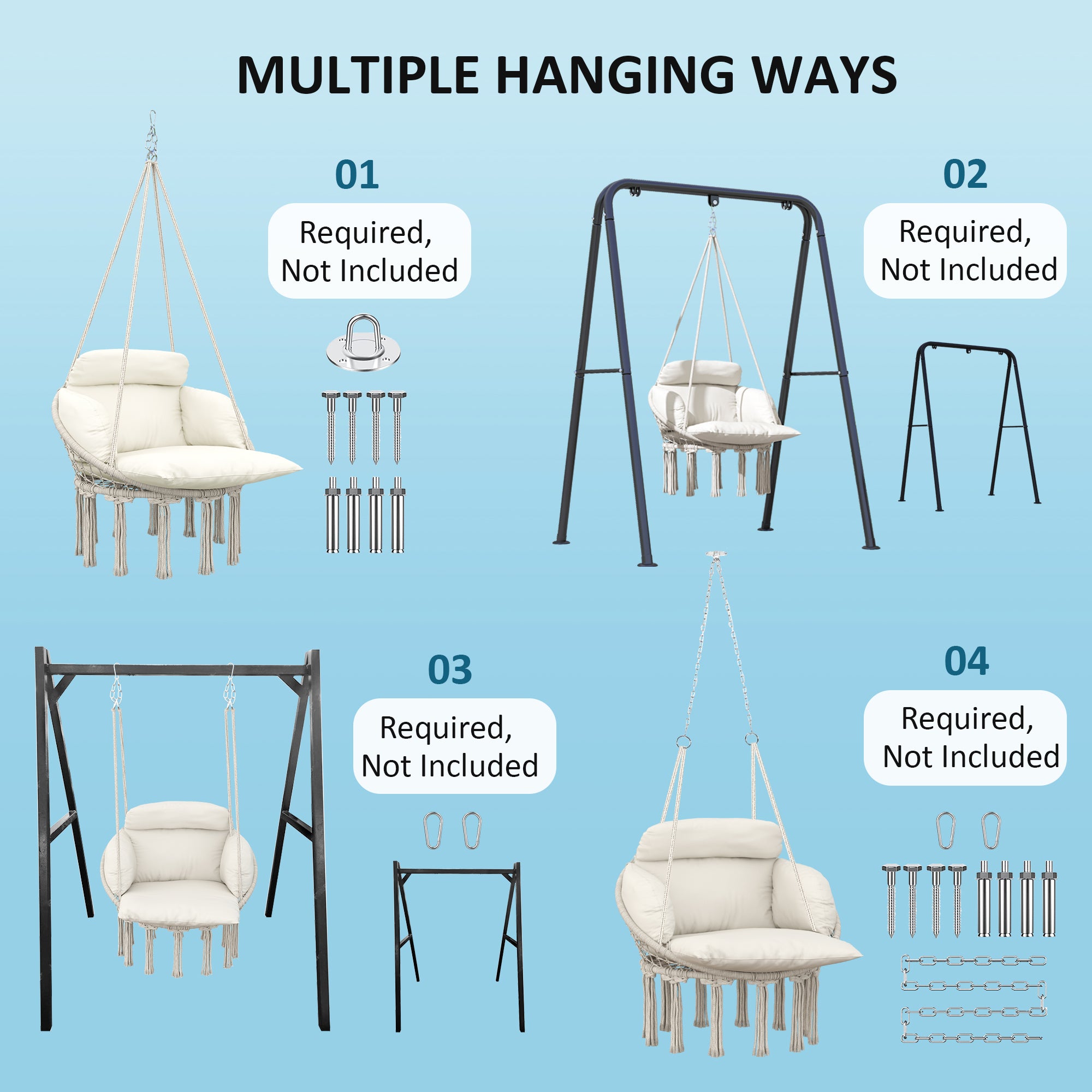 Outsunny Hammock Chair Swing Hanging Chair with Cushion, Cotton Rope Boho Swing Chair with Chain, Steel Frame for Indoor, Outdoor, Bedroom, Patio, Balcony, Cream White
