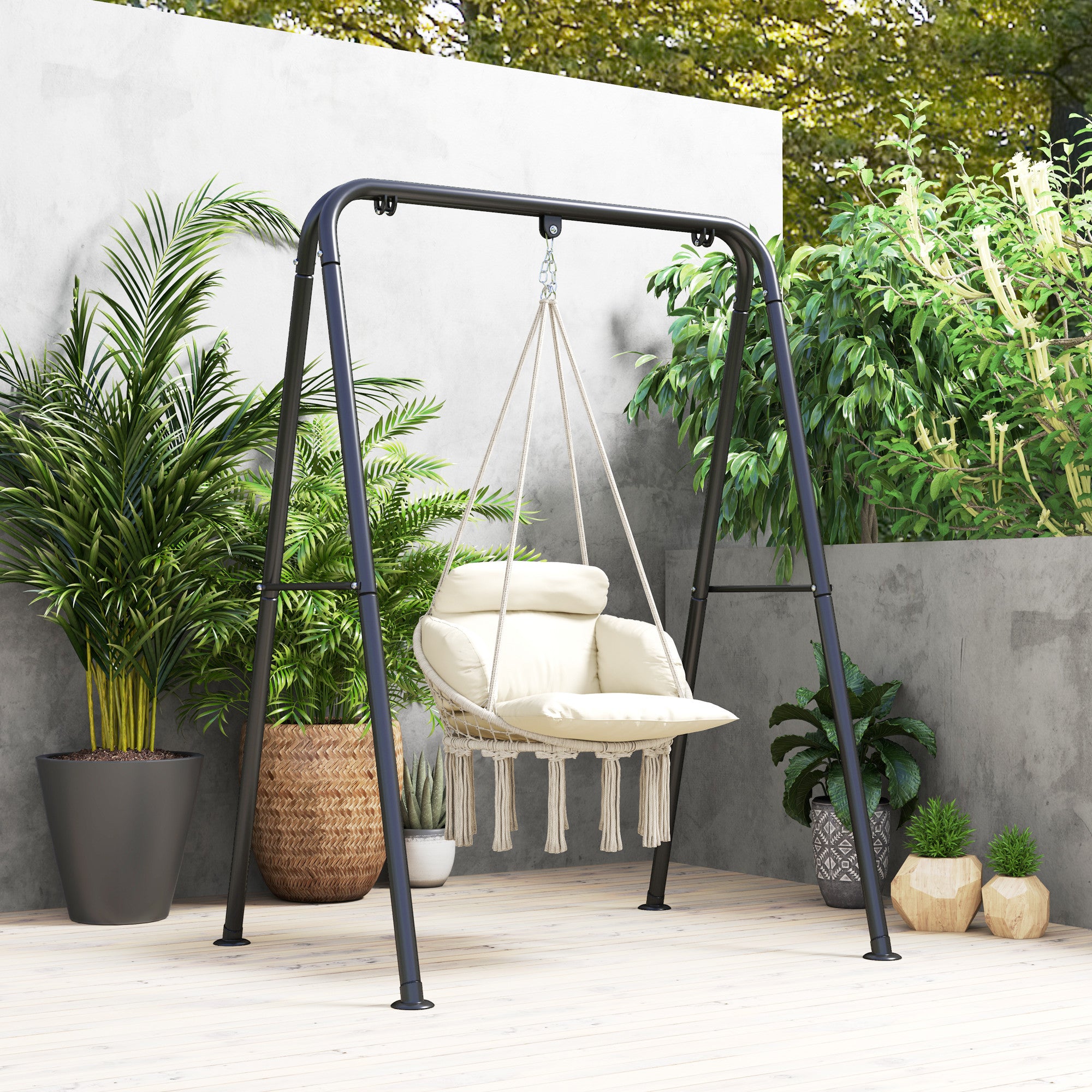 Outsunny Hammock Chair Swing Hanging Chair with Cushion, Cotton Rope Boho Swing Chair with Chain, Steel Frame for Indoor, Outdoor, Bedroom, Patio, Balcony, Cream White