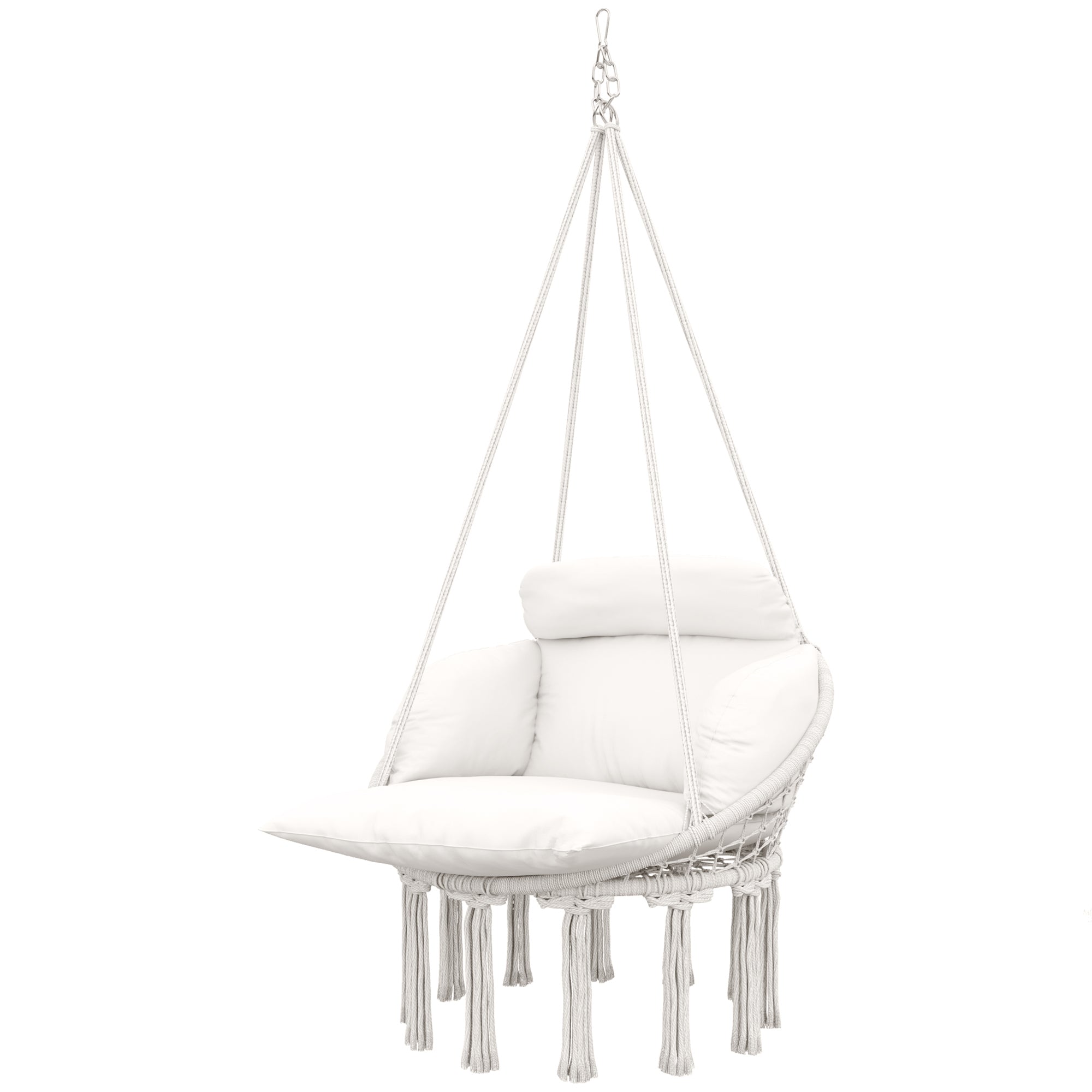 Outsunny Hammock Chair Swing Hanging Chair with Cushion, Cotton Rope Boho Swing Chair with Chain, Steel Frame for Indoor, Outdoor, Bedroom, Patio, Balcony, Cream White