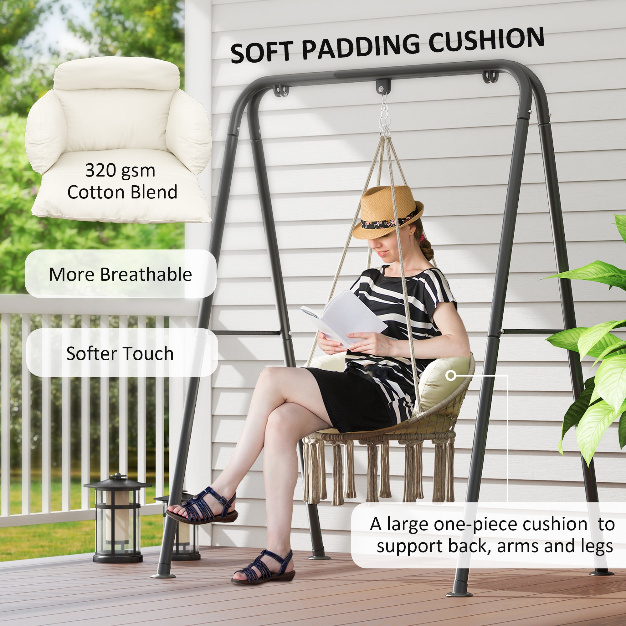 Outsunny Hammock Chair Swing Hanging Chair with Cushion, Cotton Rope Boho Swing Chair with Chain, Steel Frame for Indoor, Outdoor, Bedroom, Patio, Balcony, Cream White
