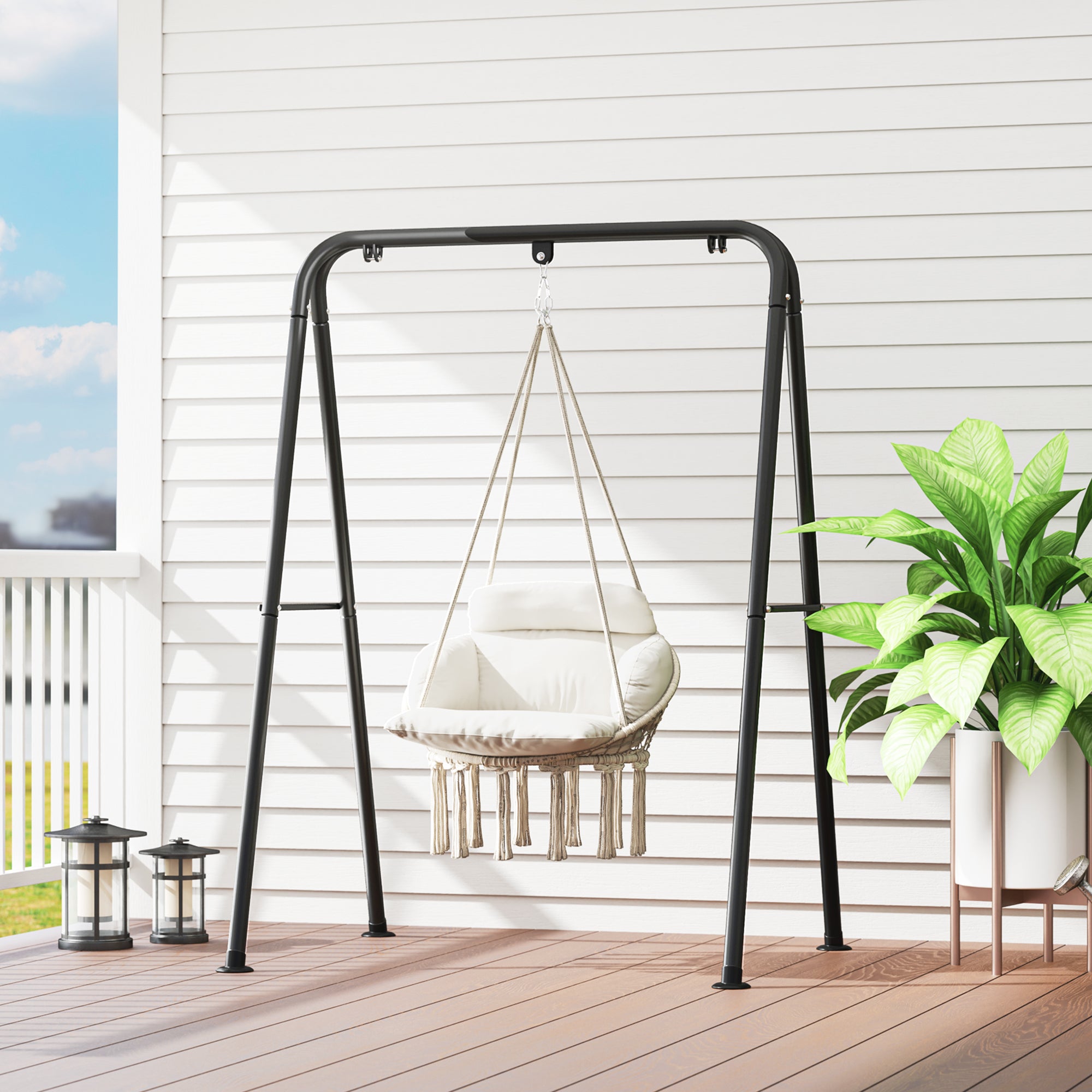 Outsunny Hammock Chair Swing Hanging Chair with Cushion, Cotton Rope Boho Swing Chair with Chain, Steel Frame for Indoor, Outdoor, Bedroom, Patio, Balcony, Cream White