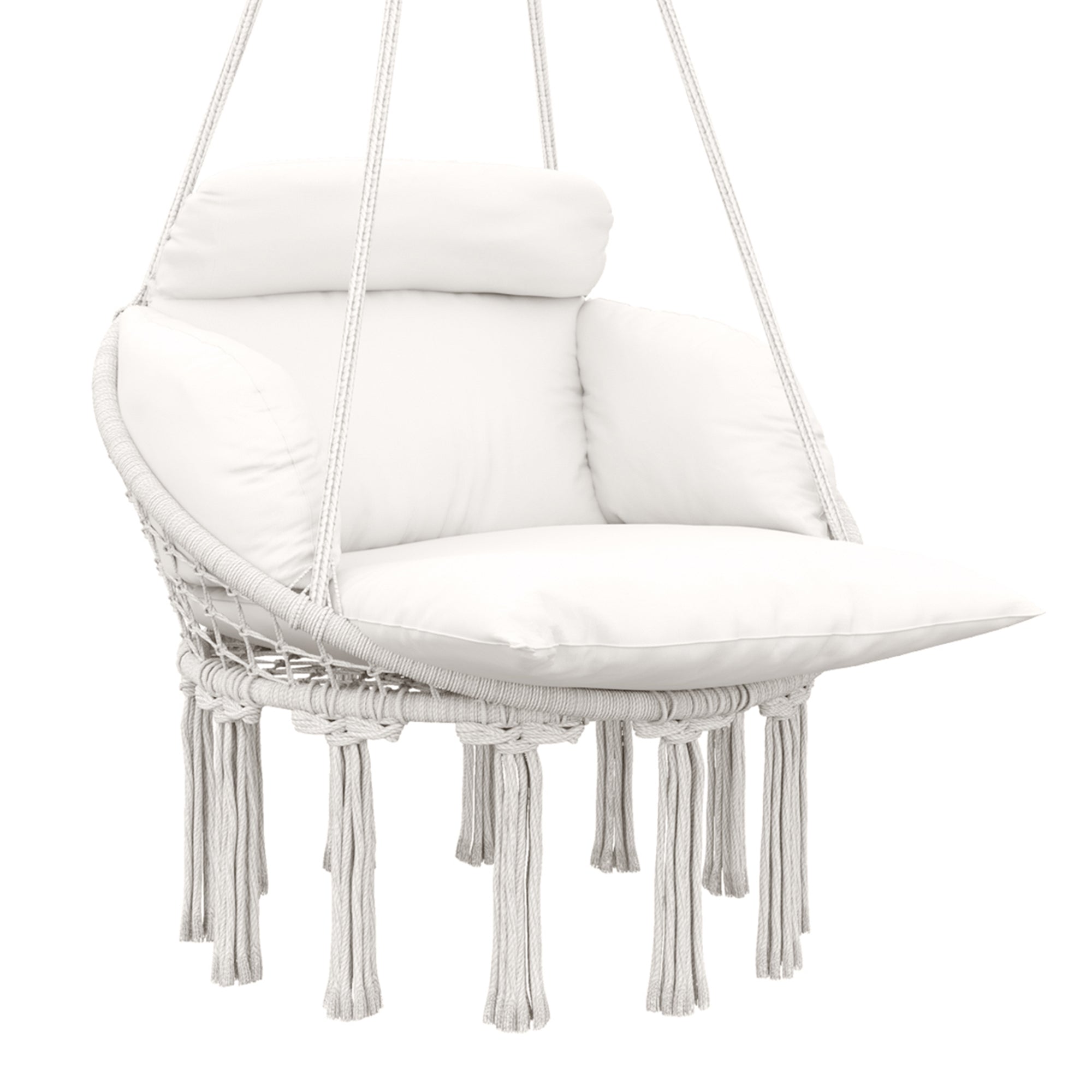 Outsunny Hammock Chair Swing Hanging Chair with Cushion, Cotton Rope Boho Swing Chair with Chain, Steel Frame for Indoor, Outdoor, Bedroom, Patio, Balcony, Cream White