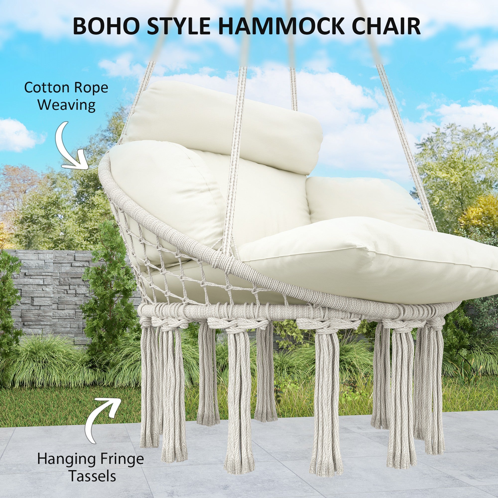Outsunny Hammock Chair Swing Hanging Chair with Cushion, Cotton Rope Boho Swing Chair with Chain, Steel Frame for Indoor, Outdoor, Bedroom, Patio, Balcony, Cream White