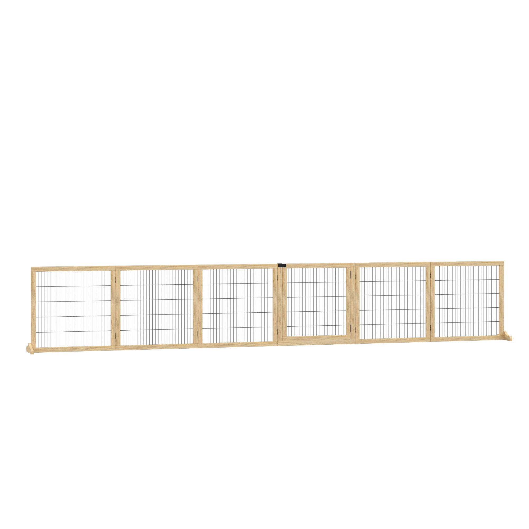 PawHut Freestanding Pet Gate, 6 Panel Foldable Playpen, Wooden Dog Gate with 2 Support Feet, for Stairs, Doorway - Natural Tone
