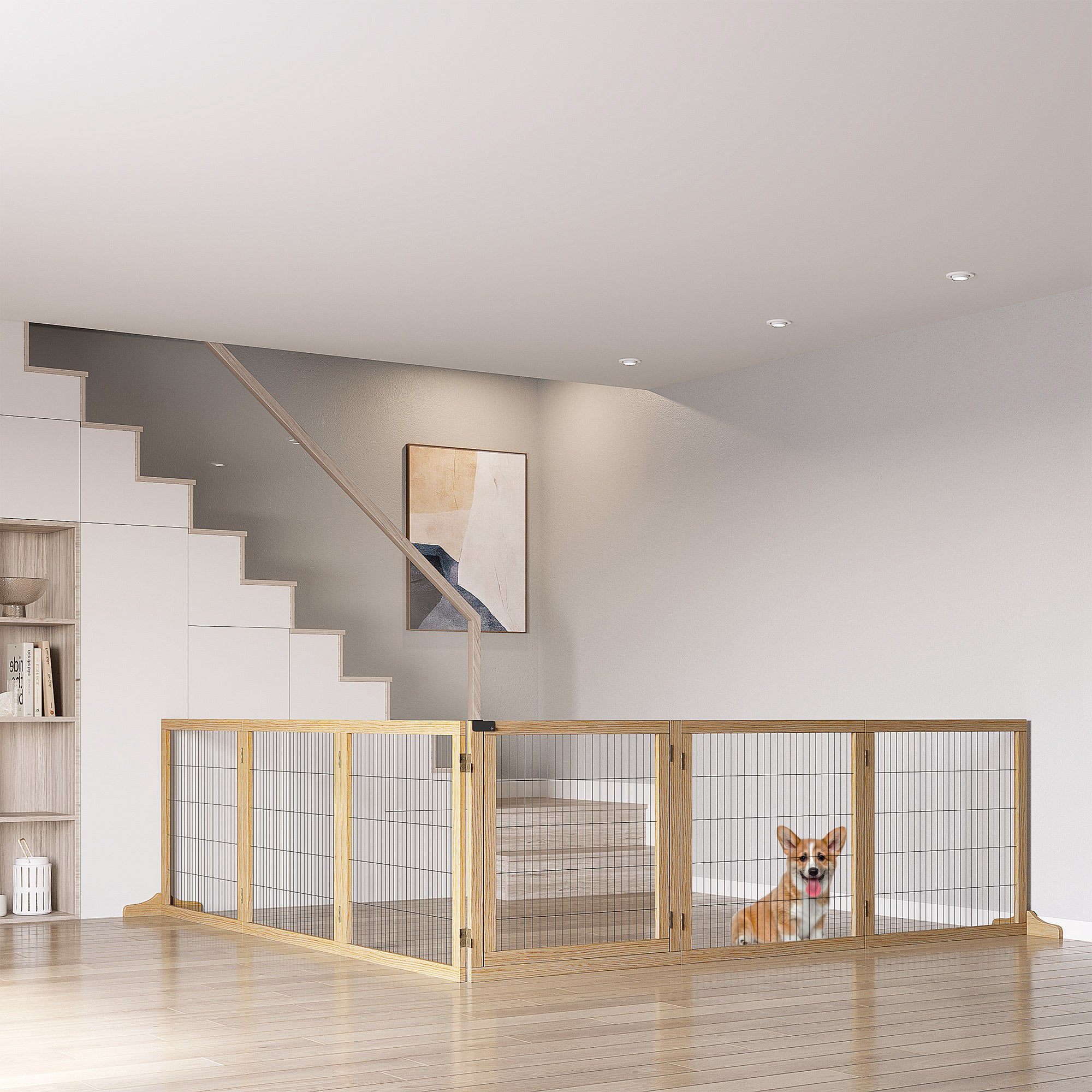 PawHut Freestanding Pet Gate, 6 Panel Foldable Playpen, Wooden Dog Gate with 2 Support Feet, for Stairs, Doorway - Natural Tone