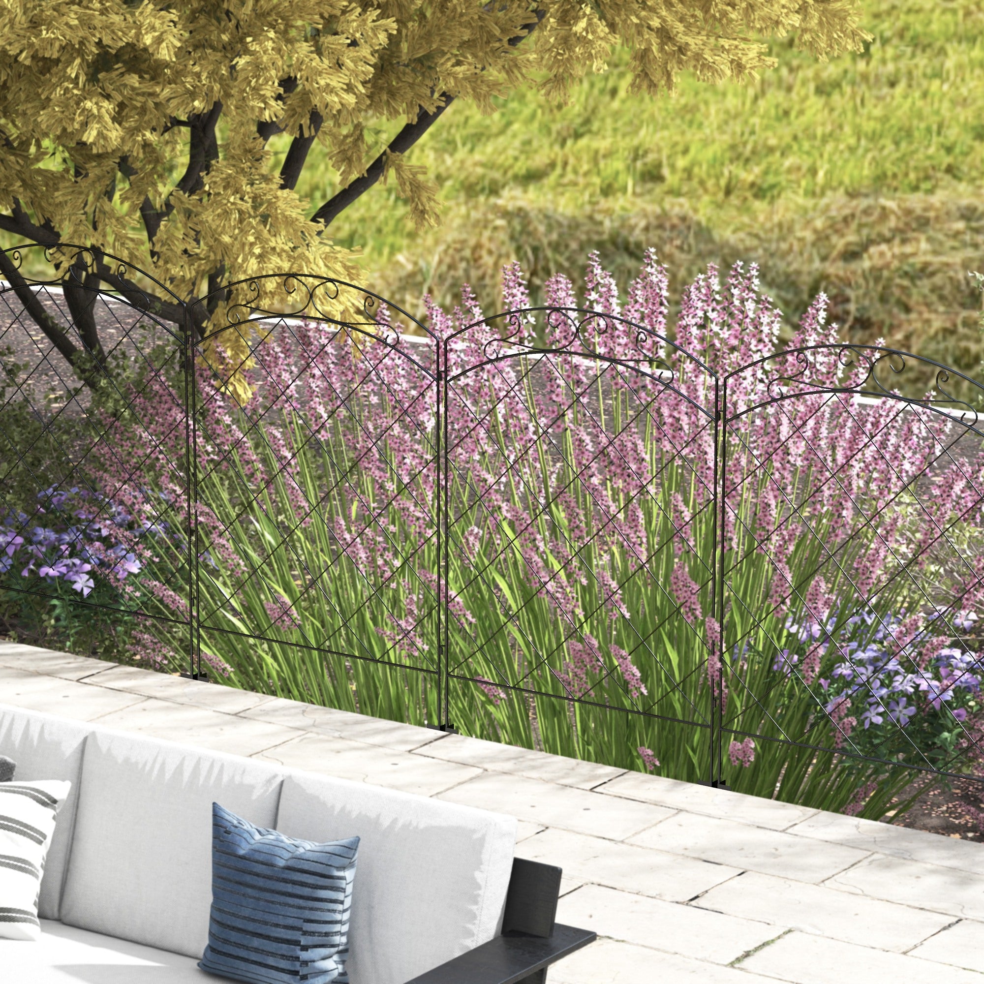 Outsunny Garden Fence, 4 Pack Steel Fence Panels, 11.4' L x 43" H, Rust-Resistant Animal Barrier, Decorative Border Flower Edging for Yard, Patio, Outdoor Decor, Swirl Vines