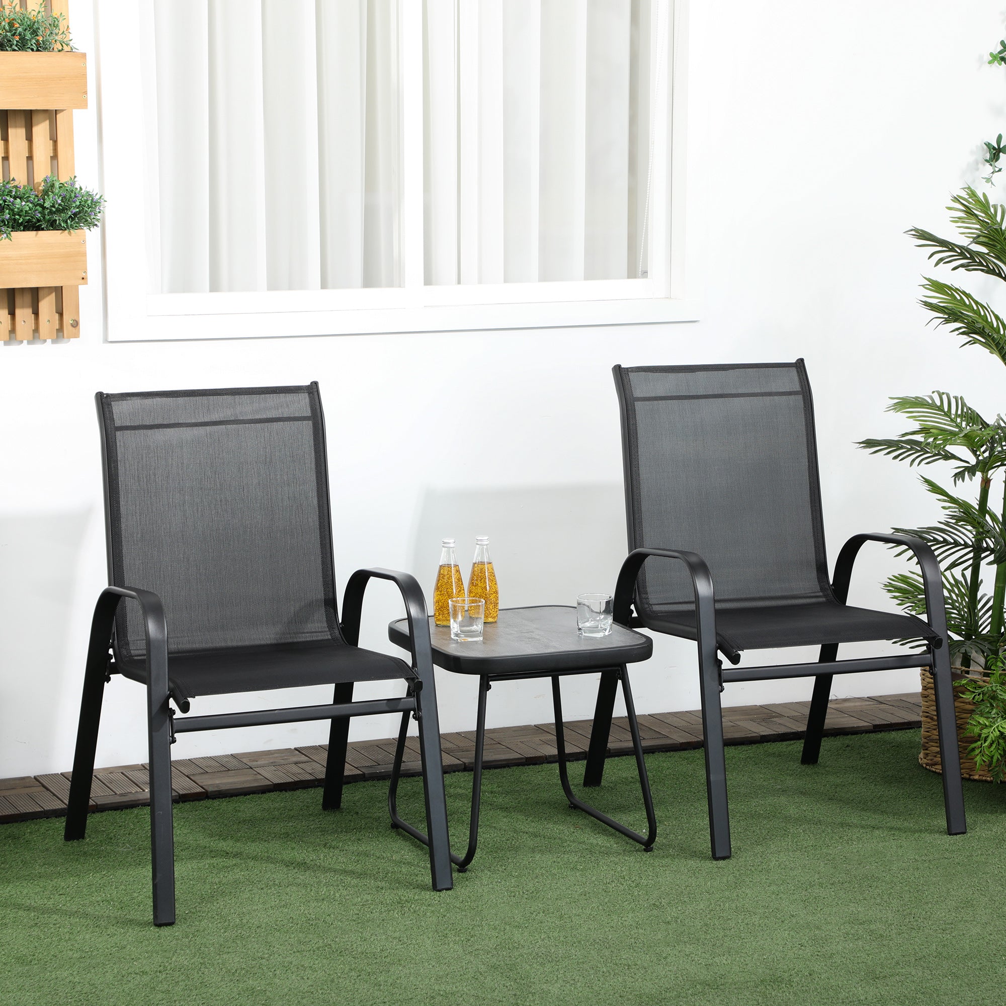 Outsunny 3-Piece Patio Bistro Set, Outdoor Table and Chairs with Stackable Chairs, Breathable Mesh Fabric for Balcony, Black