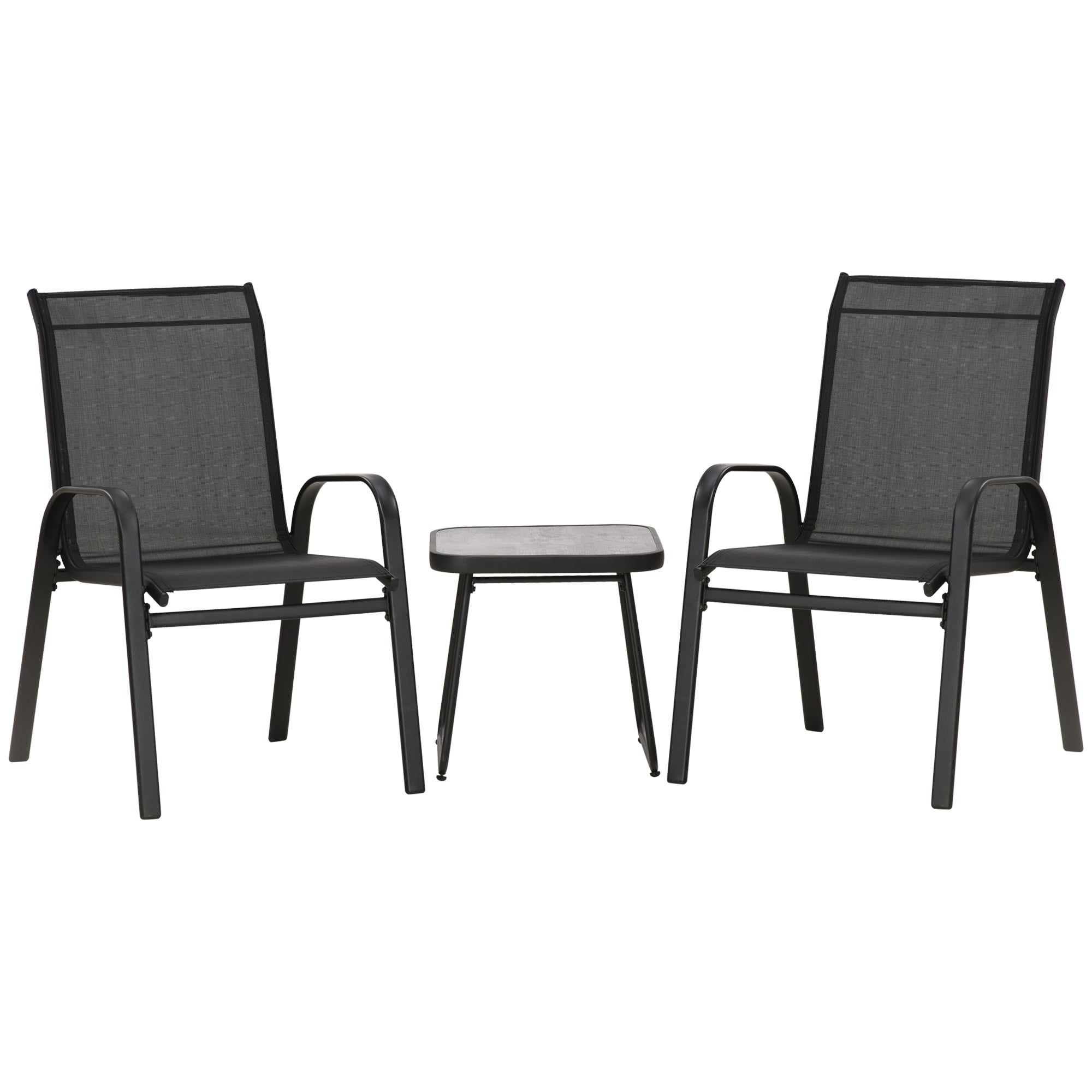 Outsunny 3-Piece Patio Bistro Set, Outdoor Table and Chairs with Stackable Chairs, Breathable Mesh Fabric for Balcony, Black