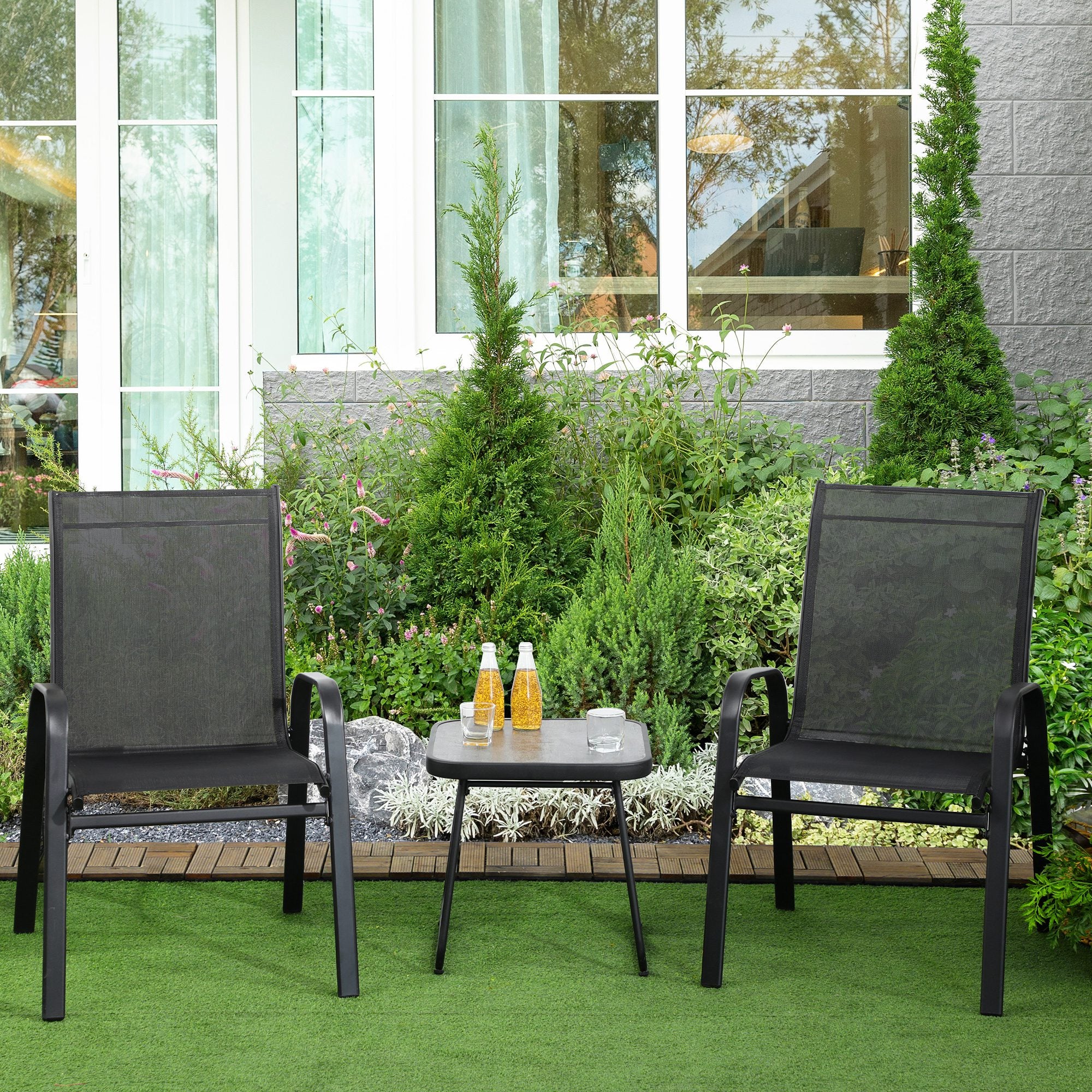 Outsunny 3-Piece Patio Bistro Set, Outdoor Table and Chairs with Stackable Chairs, Breathable Mesh Fabric for Balcony, Black