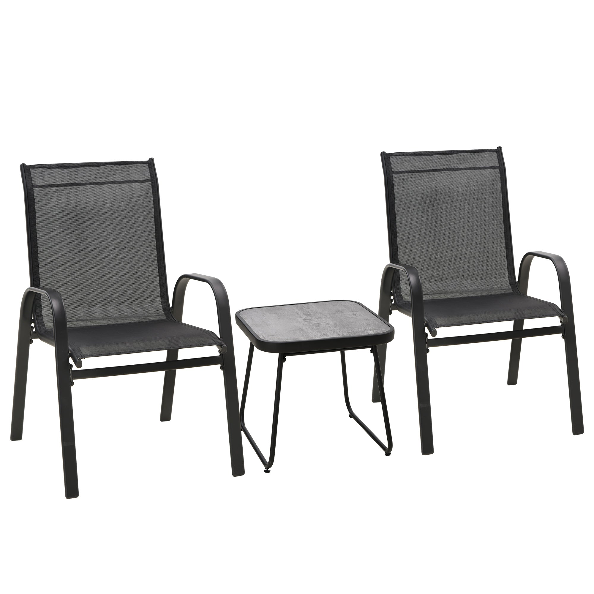 Outsunny 3-Piece Patio Bistro Set, Outdoor Table and Chairs with Stackable Chairs, Breathable Mesh Fabric for Balcony, Black