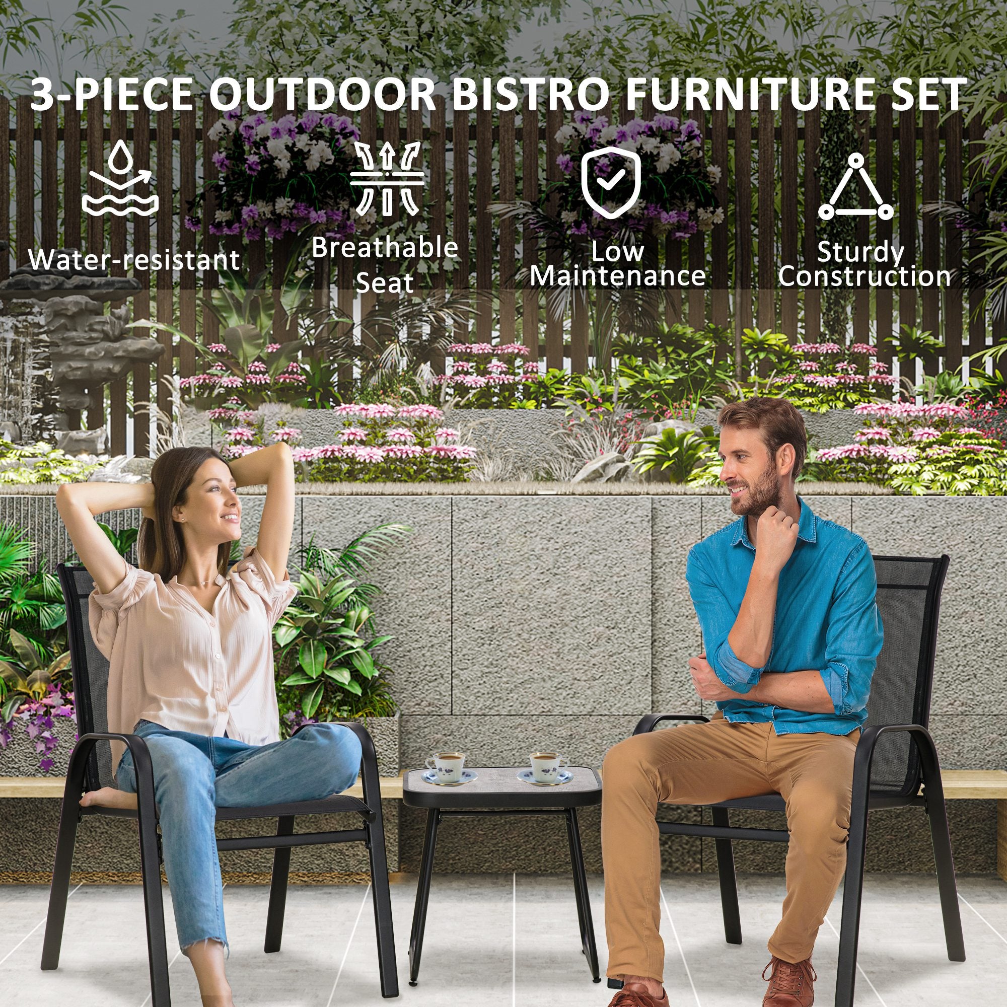 Outsunny 3-Piece Patio Bistro Set, Outdoor Table and Chairs with Stackable Chairs, Breathable Mesh Fabric for Balcony, Black