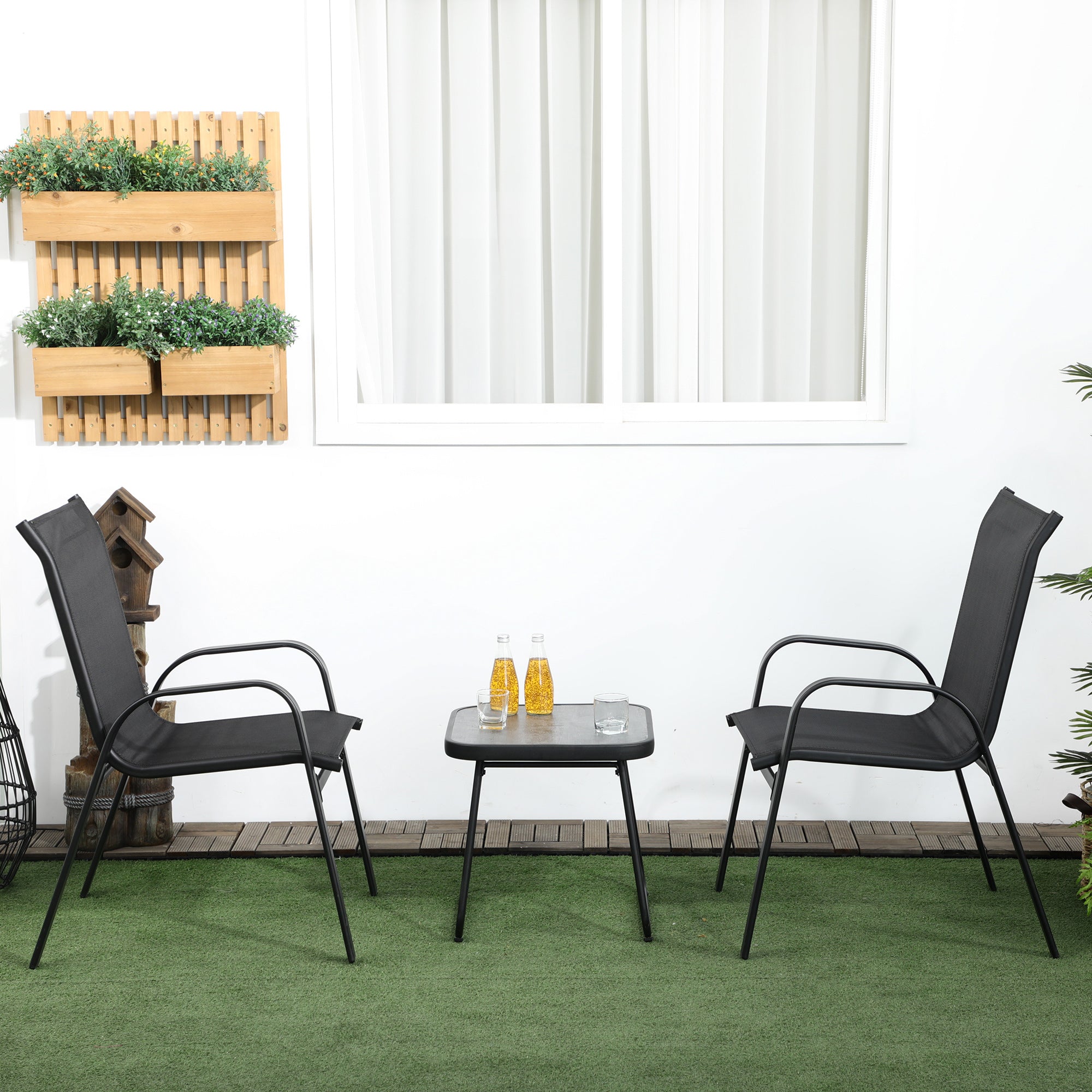 Outsunny 3-Piece Patio Bistro Set, Outdoor Table and Chairs with Stackable Chairs, Breathable Mesh Fabric for Balcony, Black