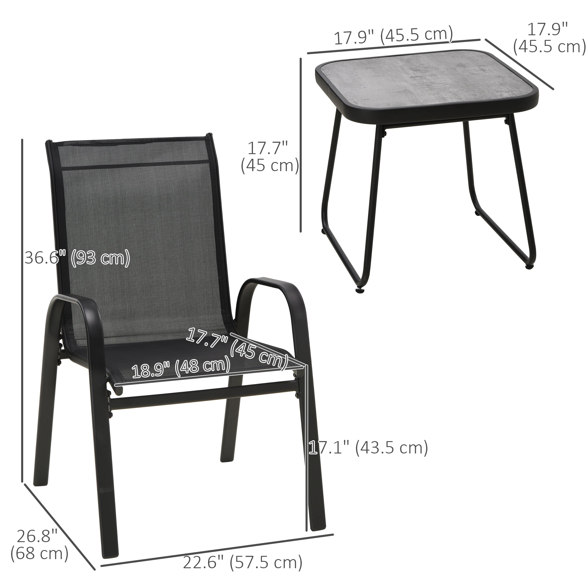 Outsunny 3-Piece Patio Bistro Set, Outdoor Table and Chairs with Stackable Chairs, Breathable Mesh Fabric for Balcony, Black