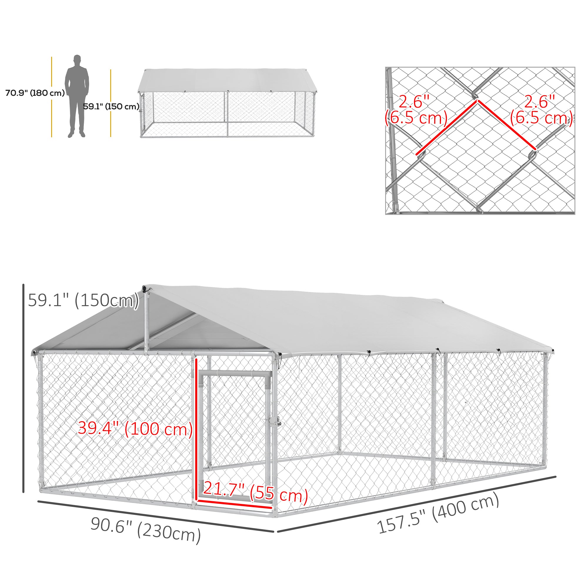 PawHut Outdoor Dog Kennel Dog Run with Waterproof, UV Resistant Cover for Medium and Large Sized Dogs, 13.1' x 7.5' x 4.9', Silver