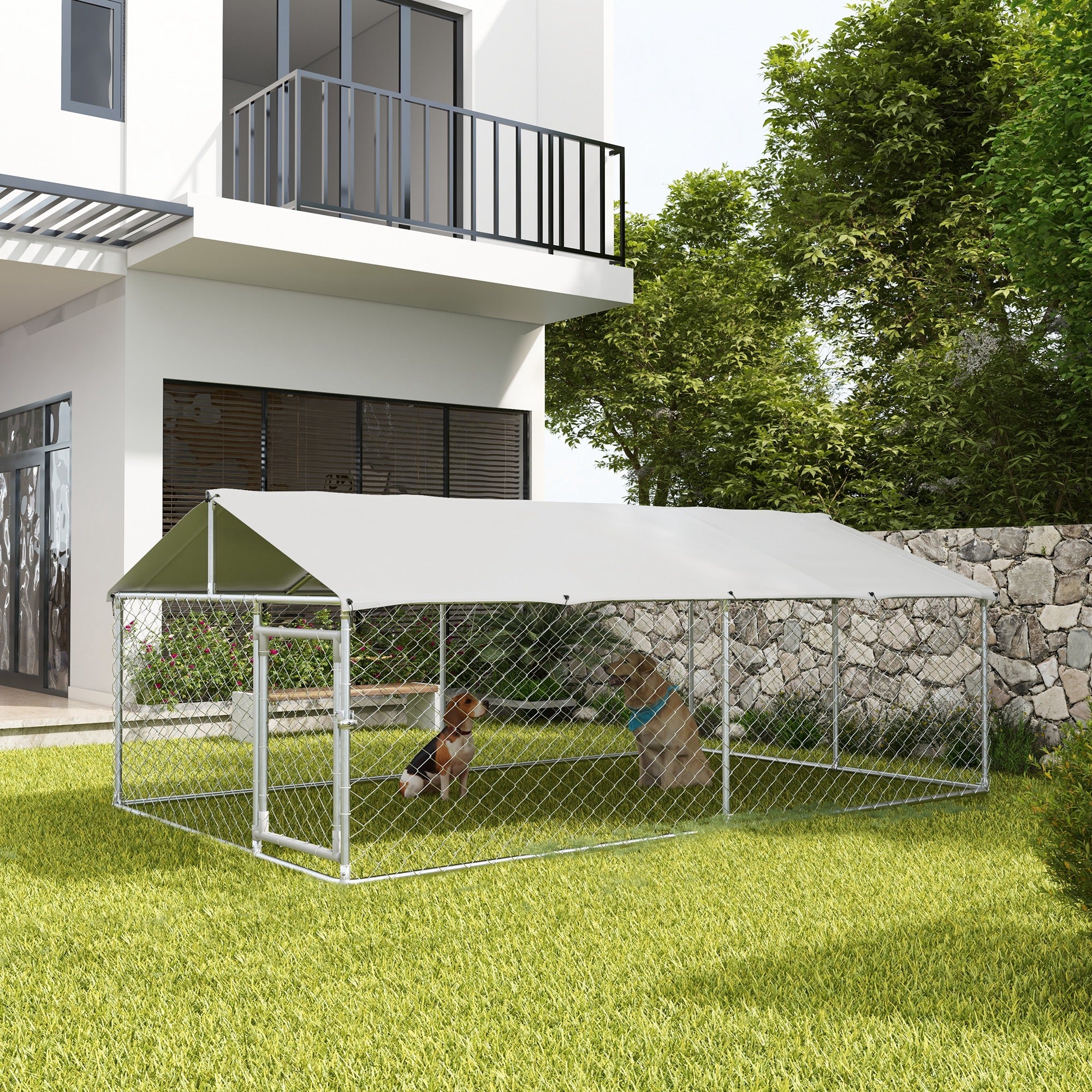 PawHut Outdoor Dog Kennel Dog Run with Waterproof, UV Resistant Cover for Medium and Large Sized Dogs, 13.1' x 7.5' x 4.9', Silver
