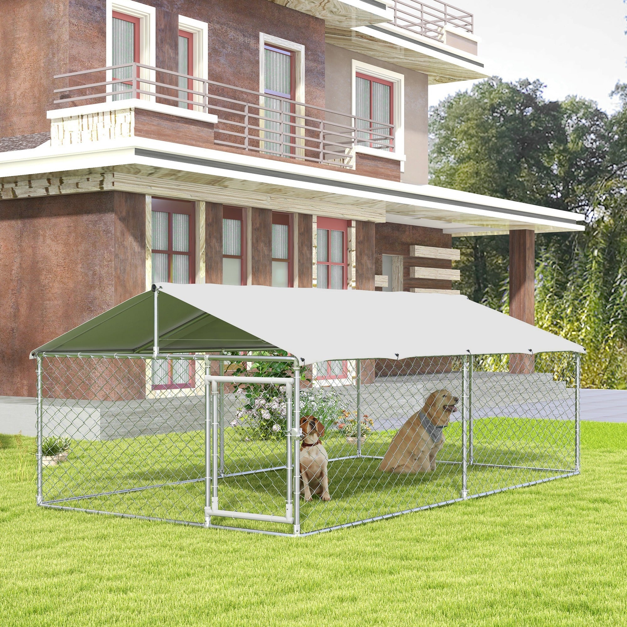PawHut Outdoor Dog Kennel Dog Run with Waterproof, UV Resistant Cover for Medium and Large Sized Dogs, 13.1' x 7.5' x 4.9', Silver