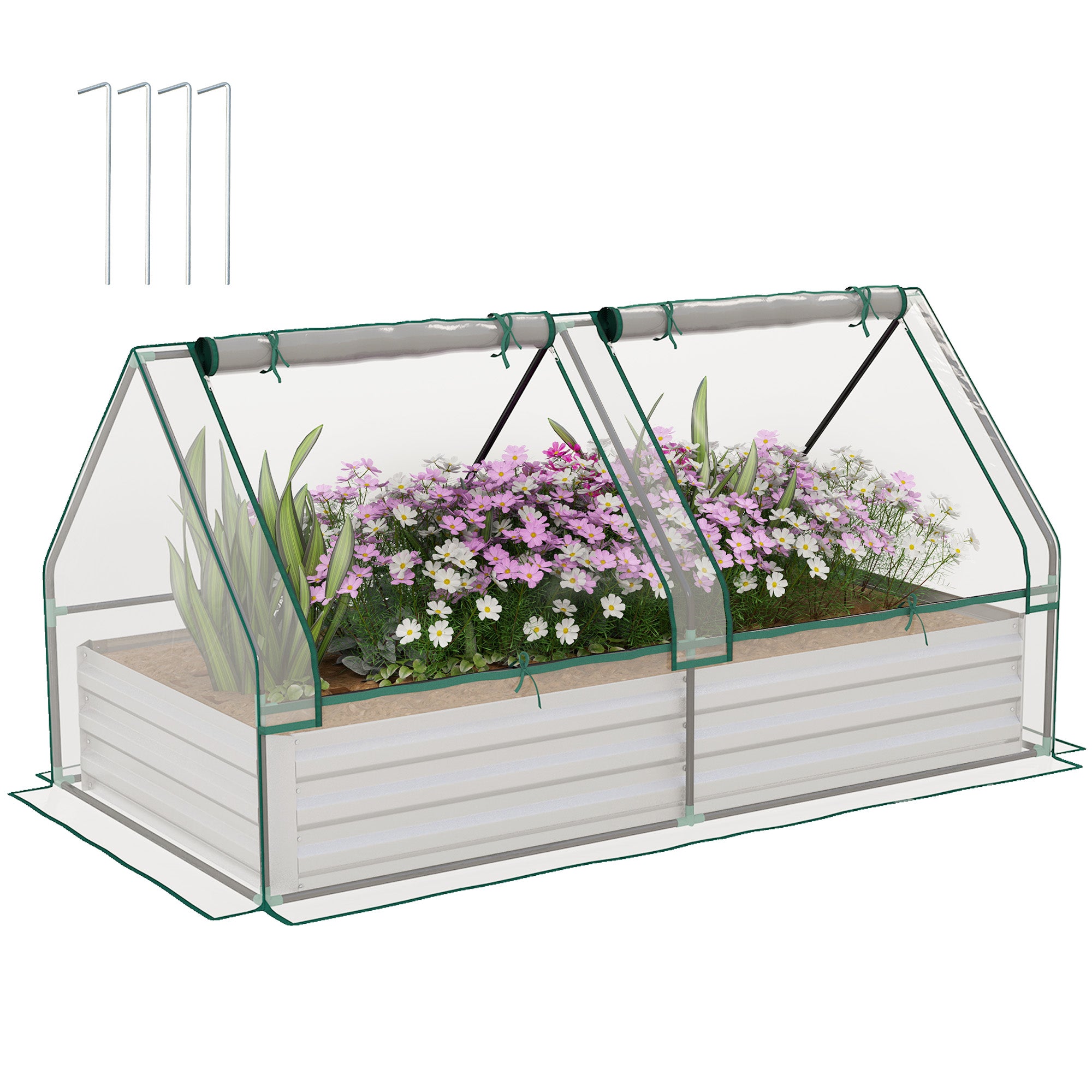 Outsunny 6' x 3' Metal Planter Box with 2 Roll-Up Windows, Raised Garden Bed with Mini Greenhouse for Herbs, Vegetables, Clear and Silver