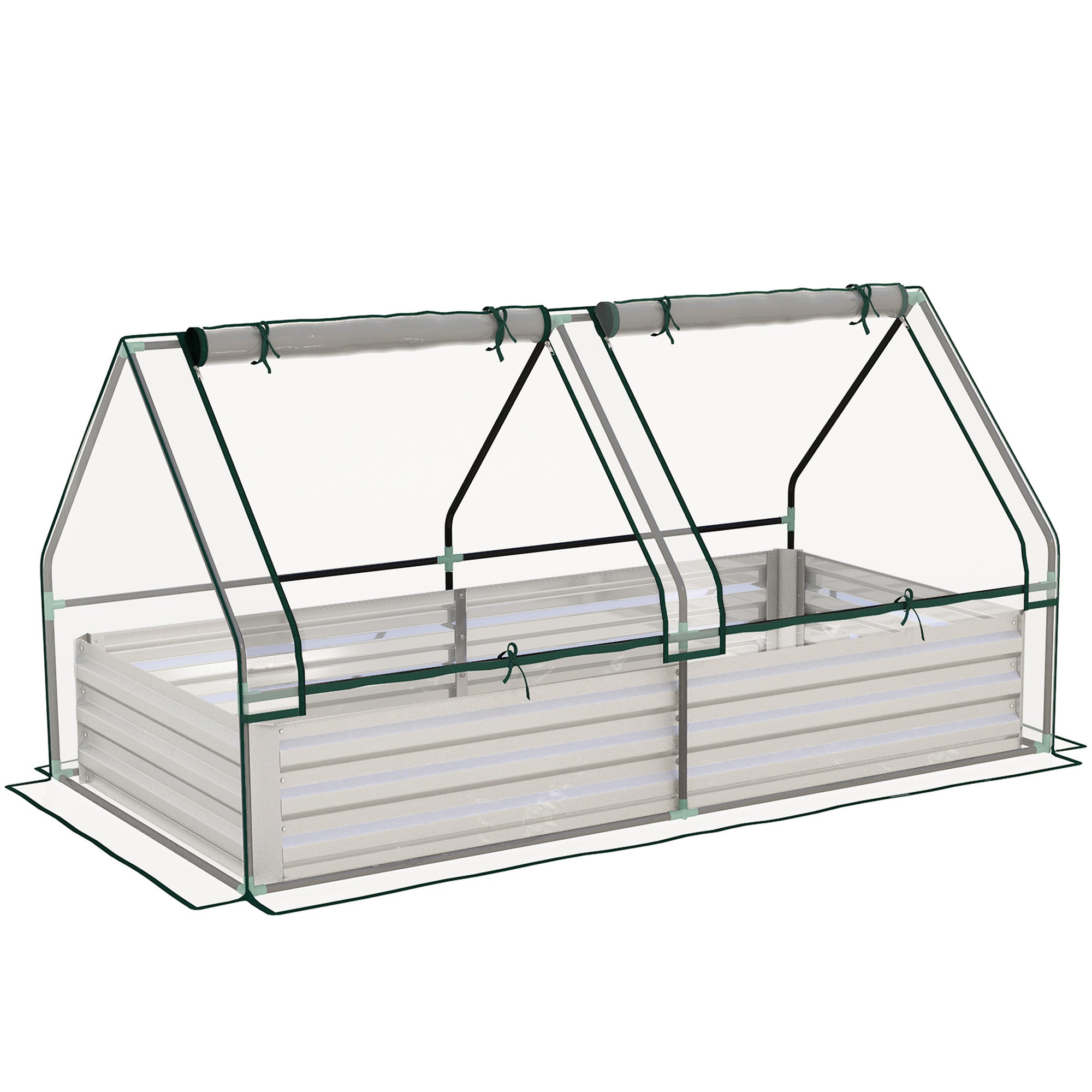 Outsunny 6' x 3' Metal Planter Box with 2 Roll-Up Windows, Raised Garden Bed with Mini Greenhouse for Herbs, Vegetables, Clear and Silver