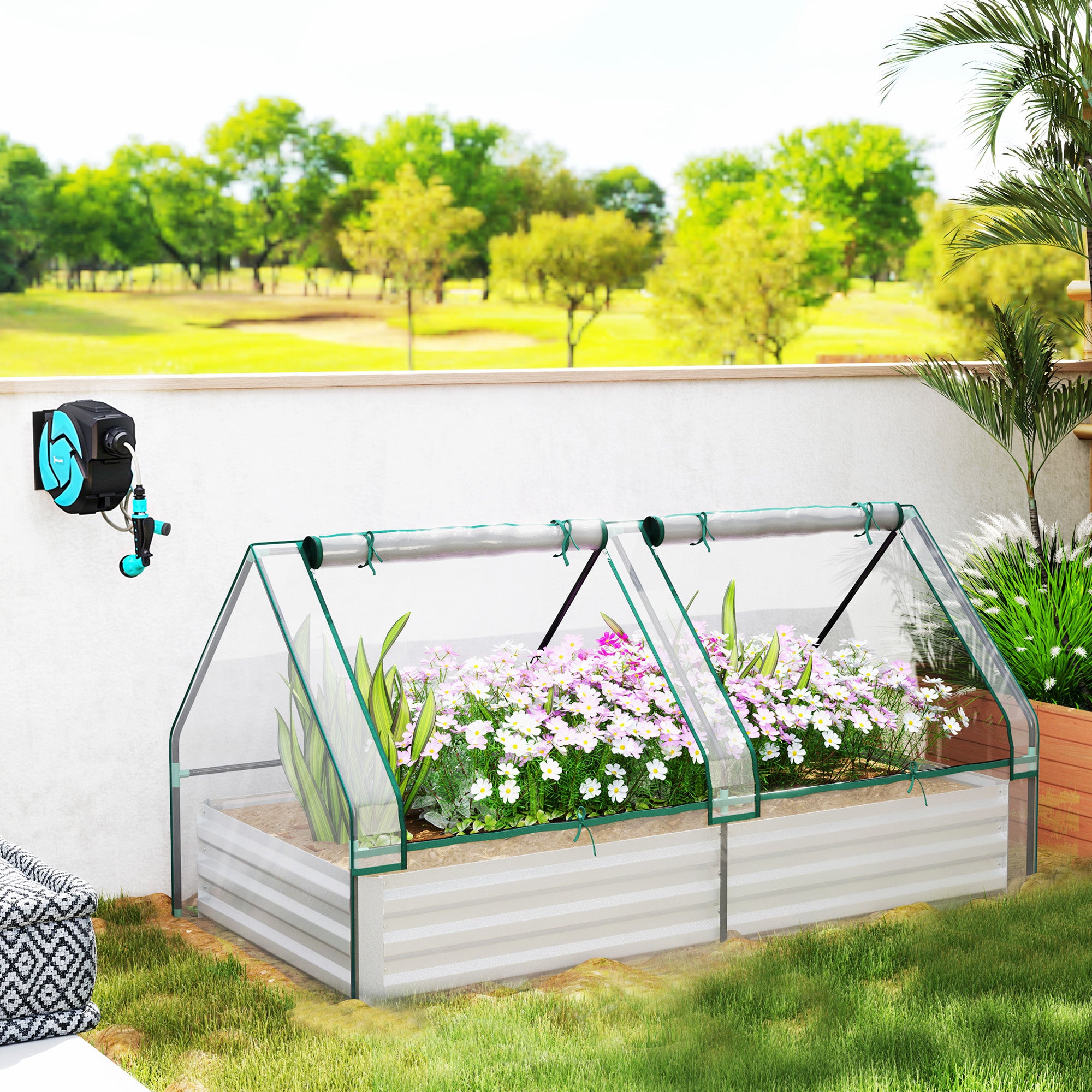 Outsunny 6' x 3' Metal Planter Box with 2 Roll-Up Windows, Raised Garden Bed with Mini Greenhouse for Herbs, Vegetables, Clear and Silver