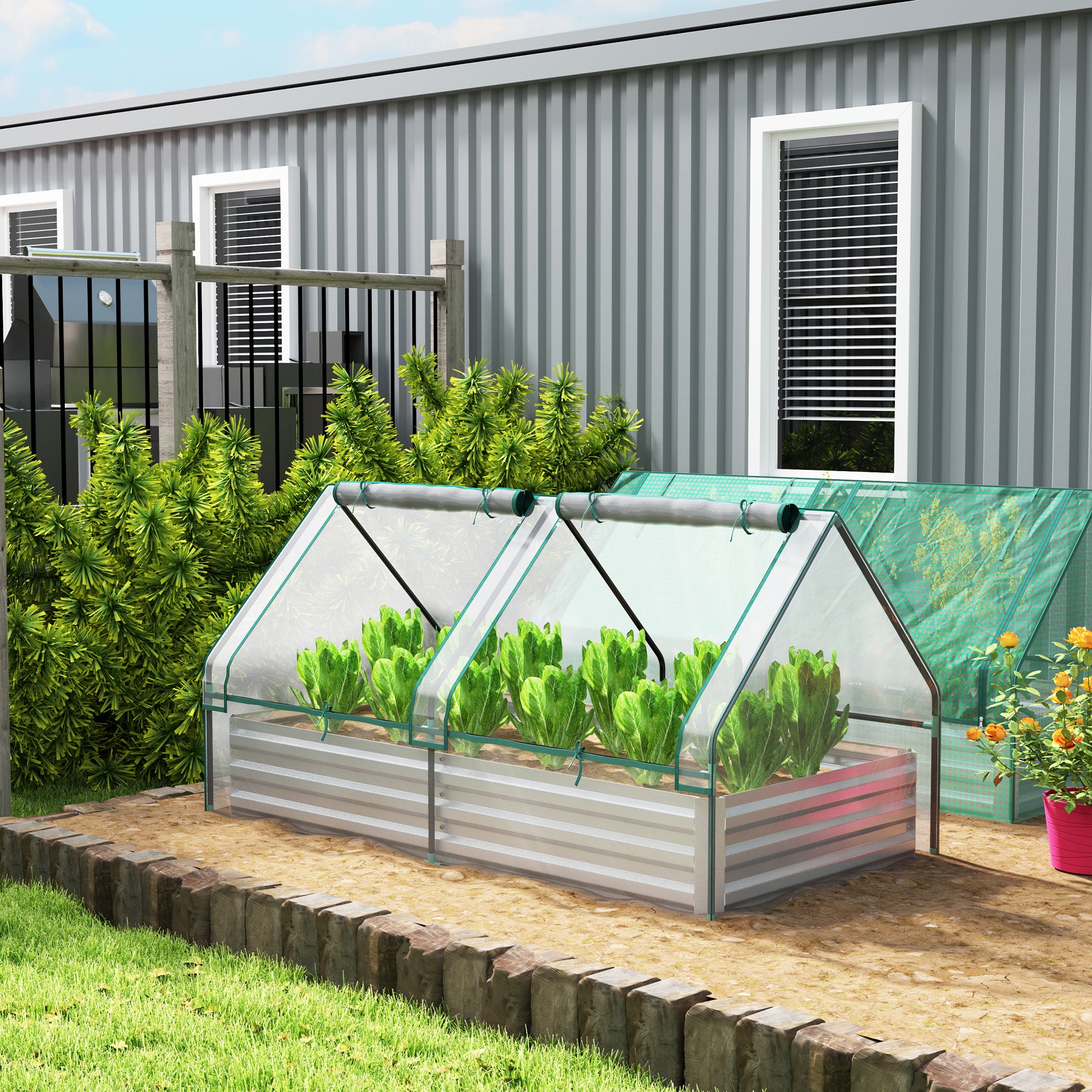 Outsunny 6' x 3' Metal Planter Box with 2 Roll-Up Windows, Raised Garden Bed with Mini Greenhouse for Herbs, Vegetables, Clear and Silver