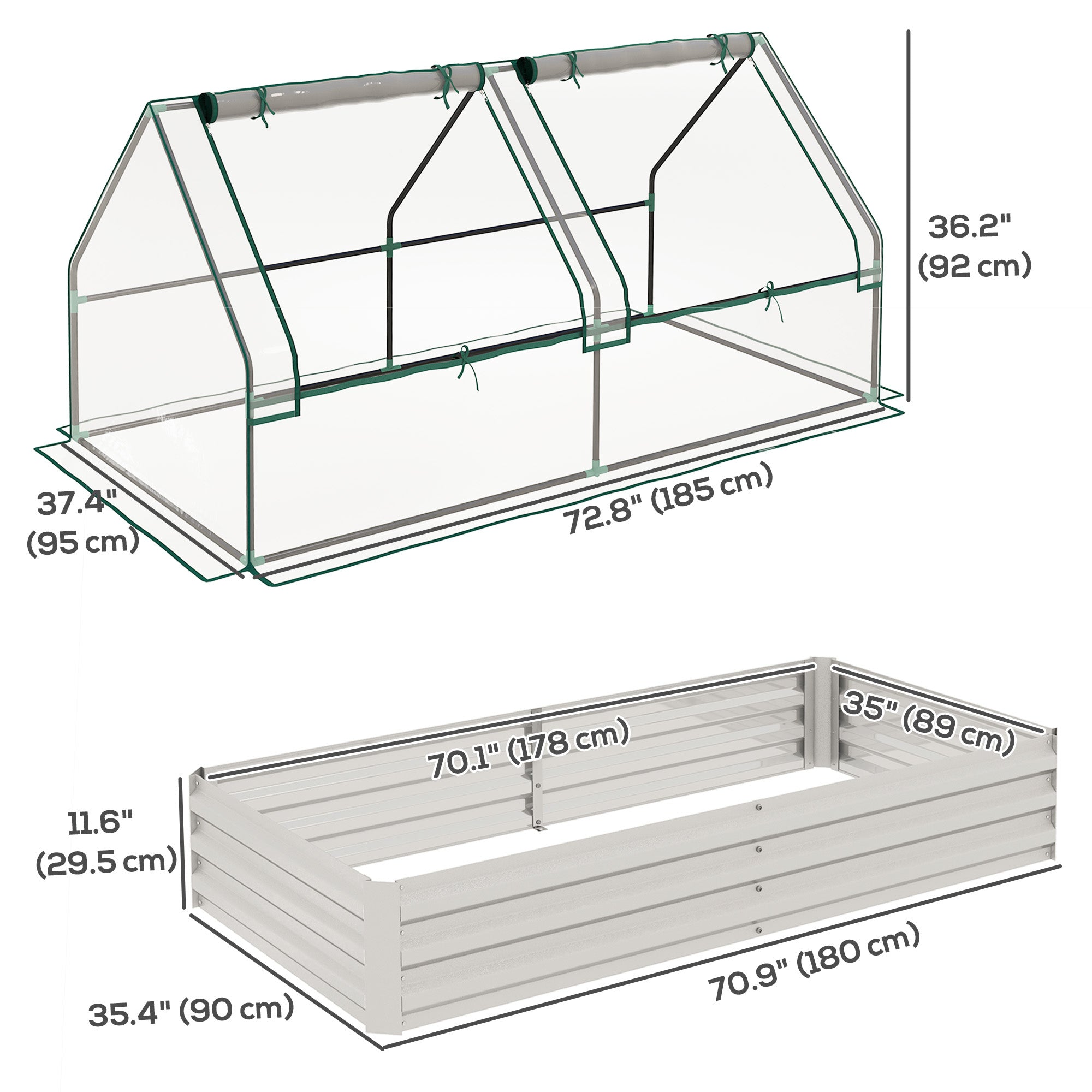 Outsunny 6' x 3' Metal Planter Box with 2 Roll-Up Windows, Raised Garden Bed with Mini Greenhouse for Herbs, Vegetables, Clear and Silver